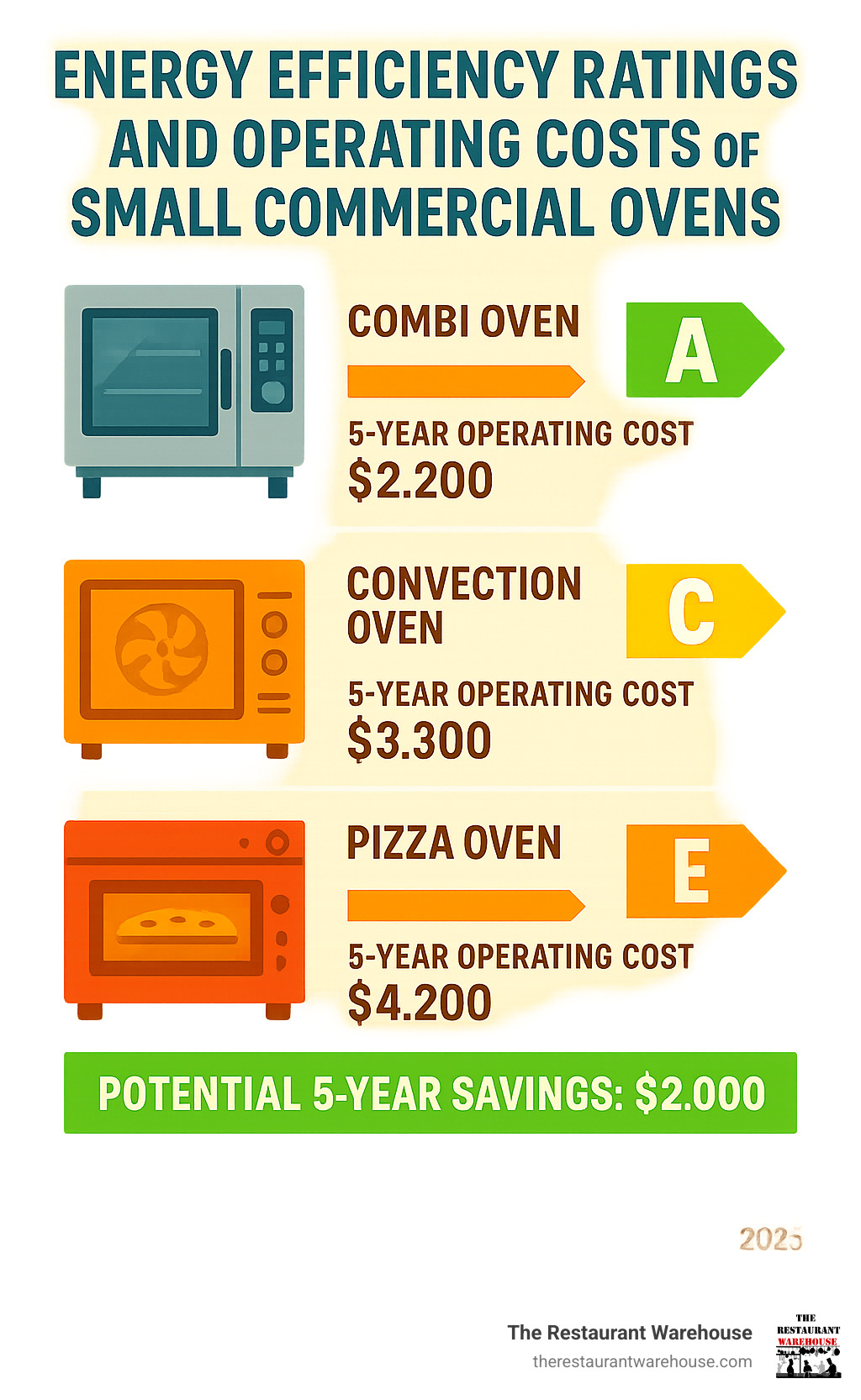 Infographic comparing energy efficiency ratings and operating costs of different small commercial oven types, showing potential savings over 5-year periods - commercial oven small infographic 