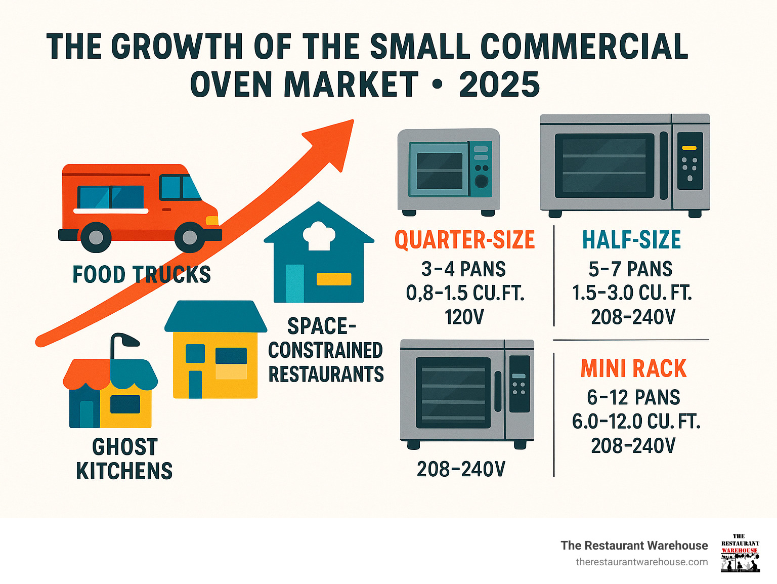 Infographic showing the growth of small commercial oven market driven by food trucks, ghost kitchens, and space-constrained restaurants, with capacity comparisons between quarter-size, half-size, and mini rack ovens including pan counts and power requirements - commercial oven small infographic 