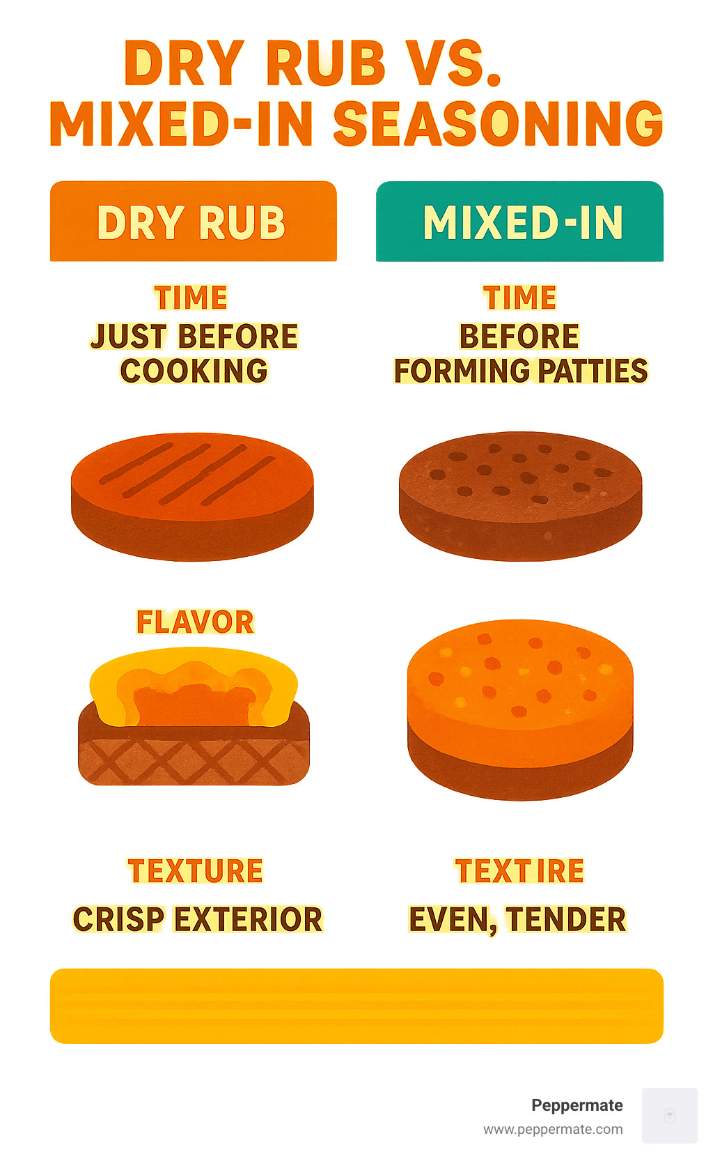 Infographic showing the differences between dry rub application versus mixed-in seasoning methods, including timing guidelines, flavor penetration patterns, and texture outcomes for burger patties - gourmet burger seasoning infographic 