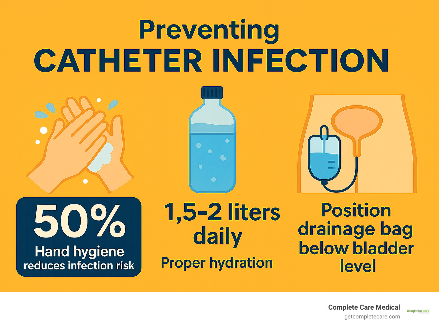 Infographic showing catheter infection prevention statistics including hand hygiene reducing infection risk by 50%, proper hydration of 1.5-2 liters daily, and drainage bag positioning below bladder level - What to Expect When You First Start Using a Catheter at Home - supportive, step-by-step guide infographic
