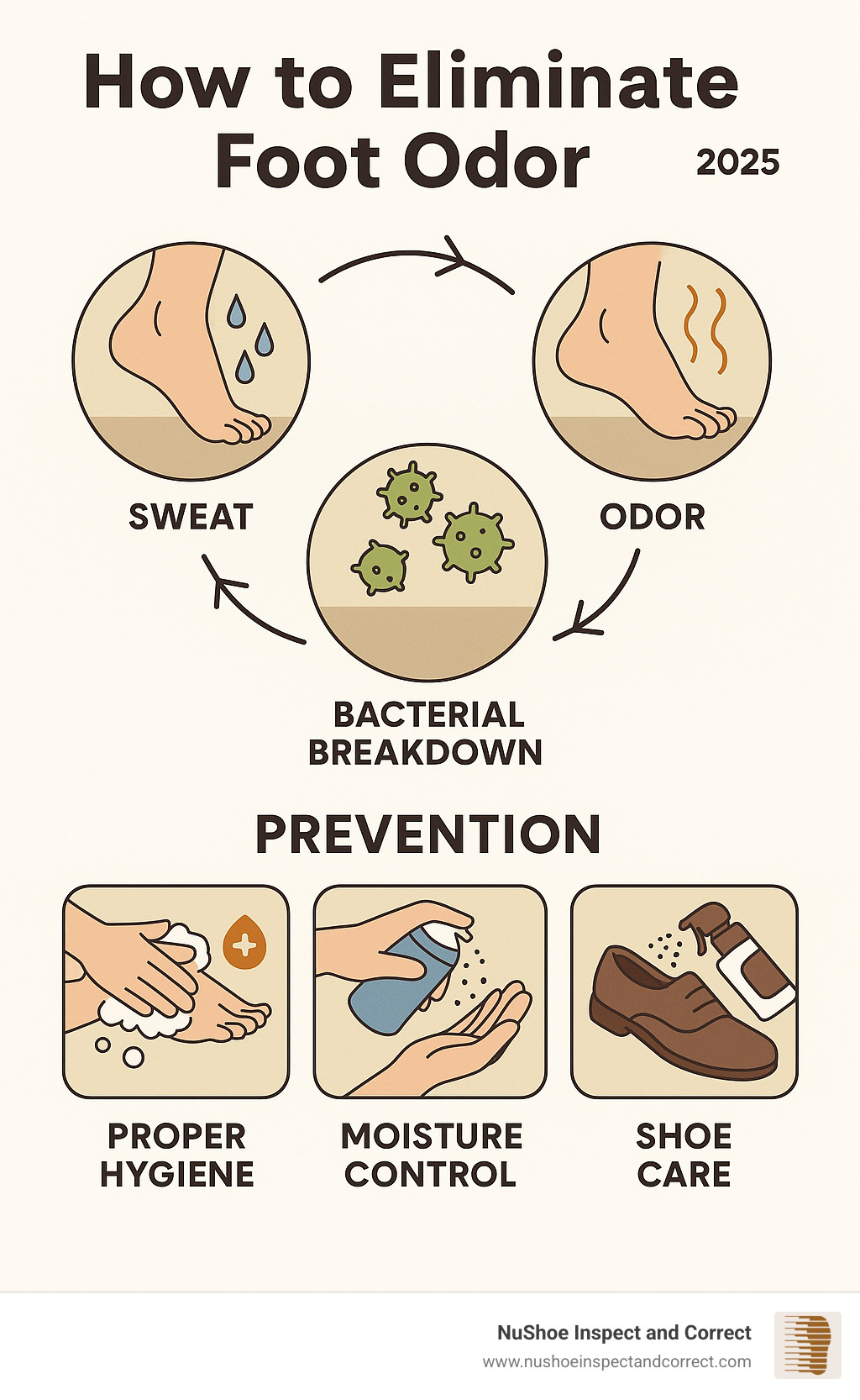 Step-by-step process showing the foot odor cycle from sweat production through bacterial breakdown to odor formation, including prevention methods like proper hygiene, moisture control, and shoe care - how to eliminate foot odor infographic 