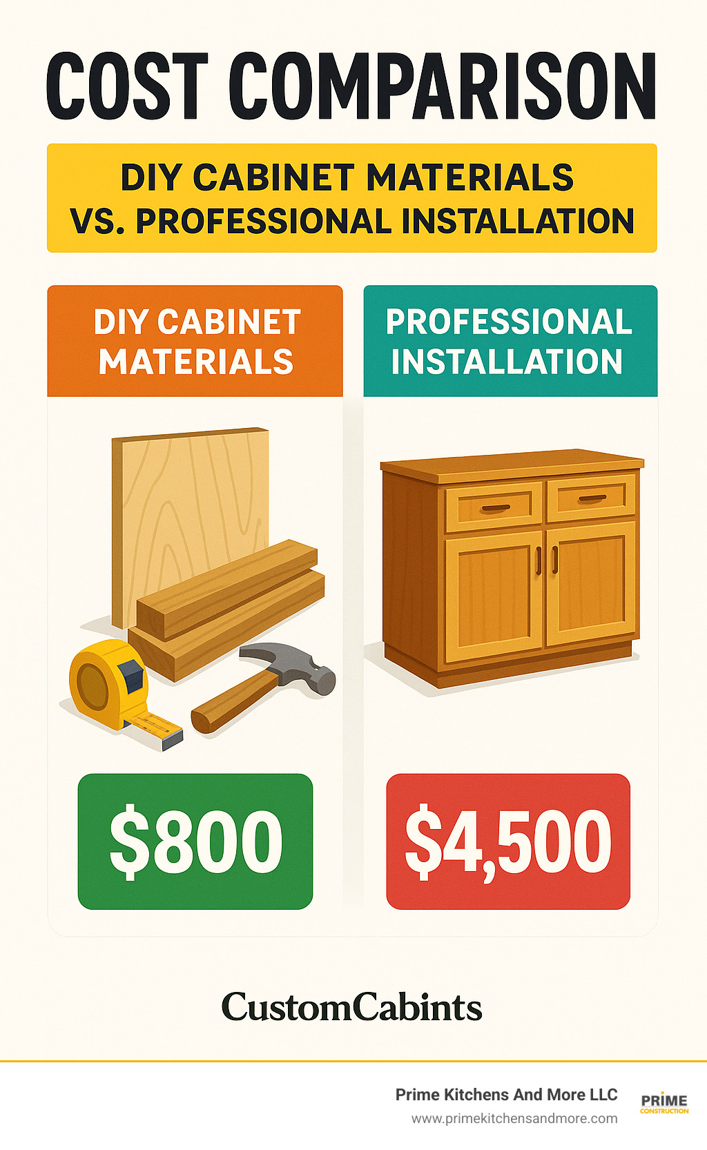 Cost comparison showing DIY cabinet materials vs professional installation prices - building custom cabinets infographic 