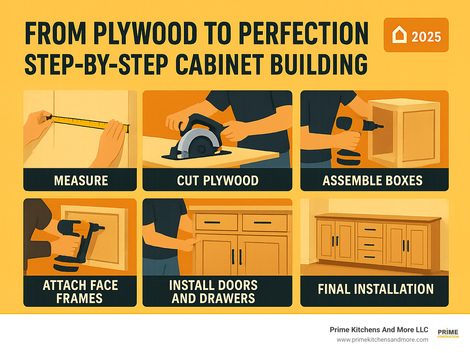 Step-by-step cabinet building process showing measuring, cutting plywood, assembling boxes, attaching face frames, installing doors and drawers, and final installation - building custom cabinets infographic 