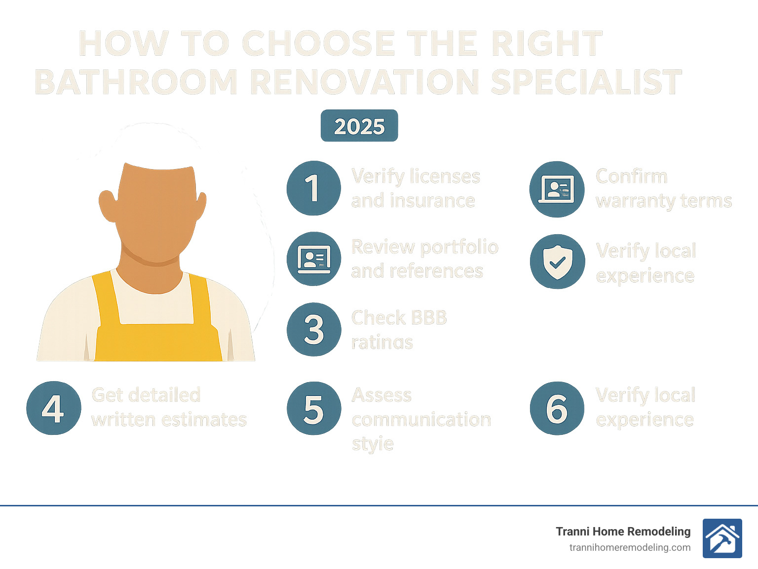 Infographic showing 7 steps for vetting bathroom renovation specialists: 1) Verify licenses and insurance, 2) Review portfolio and references, 3) Check BBB ratings, 4) Get detailed written estimates, 5) Assess communication style, 6) Confirm warranty terms, 7) Verify local experience - bathroom renovation specialist infographic