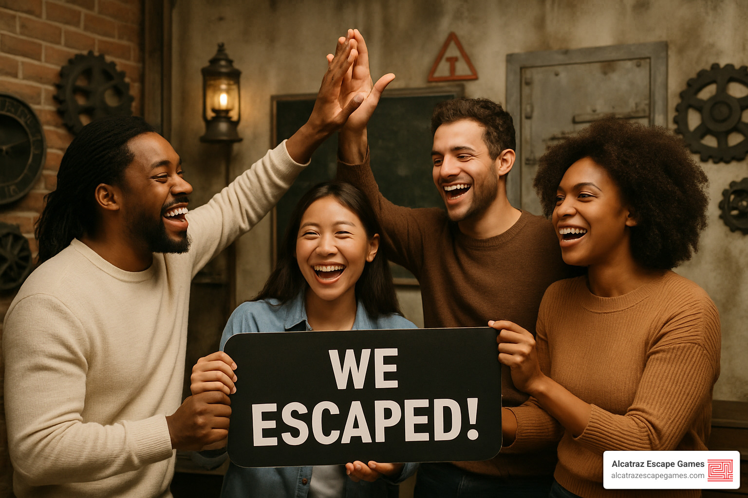 group of friends celebrating together after successfully completing an escape room, showing teamwork and joy - Escape rooms for parties