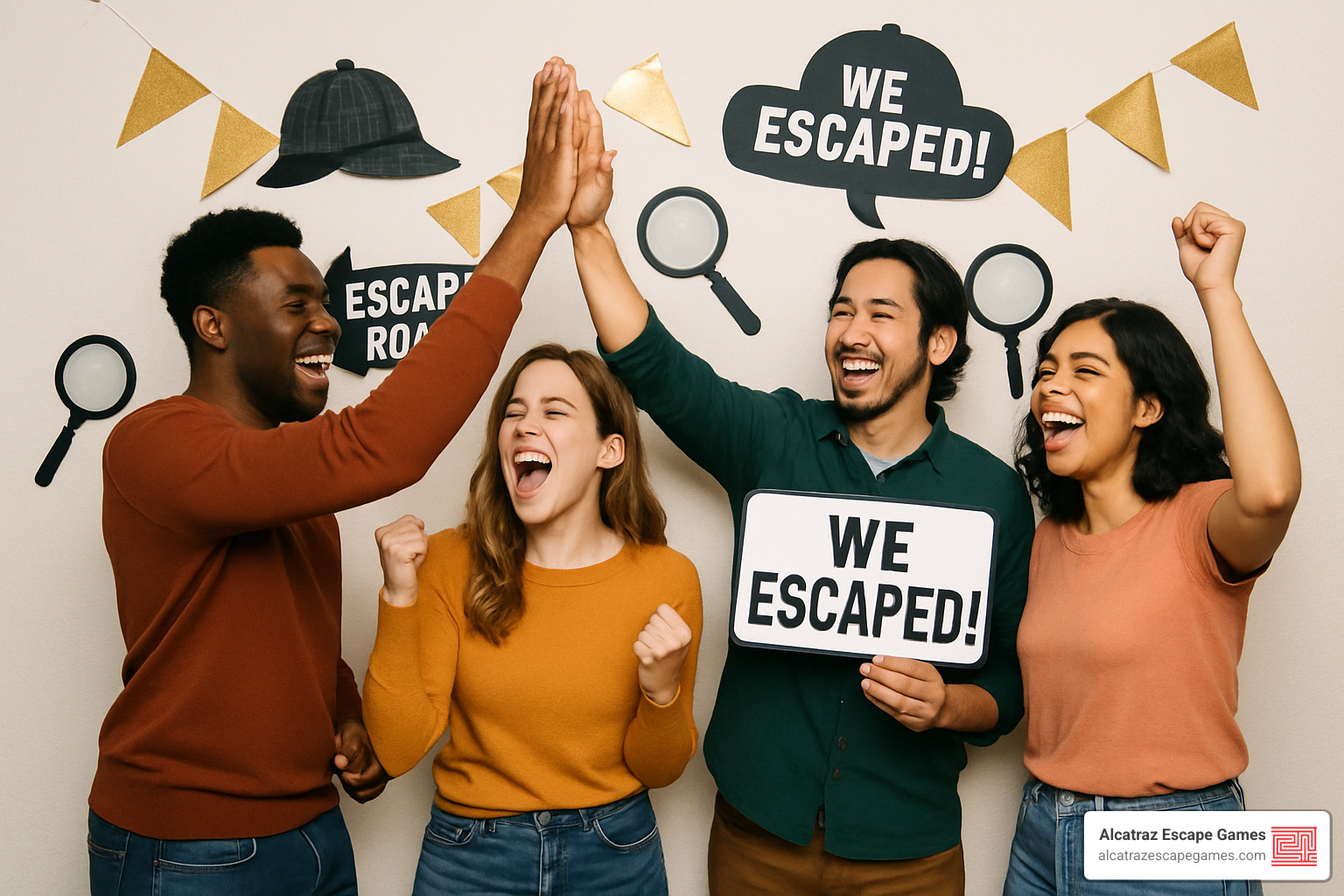 friends celebrating victory after escaping, high-fiving and cheering in front of a photo wall with props - Escape rooms for parties