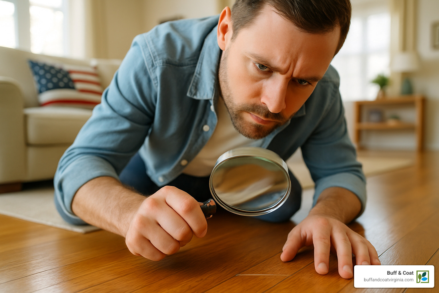homeowner examining wood floor with magnifying glass - fix scratched wood floors homeowner examining wood floor with magnifying glass - fix scratched wood floors