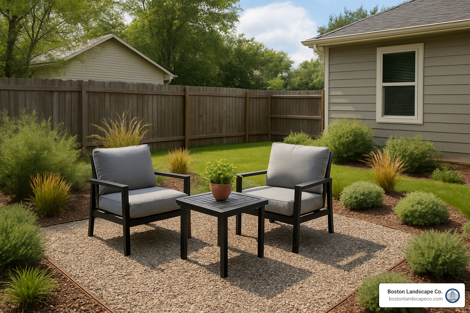 gravel patio with outdoor seating - affordable hardscaping near me