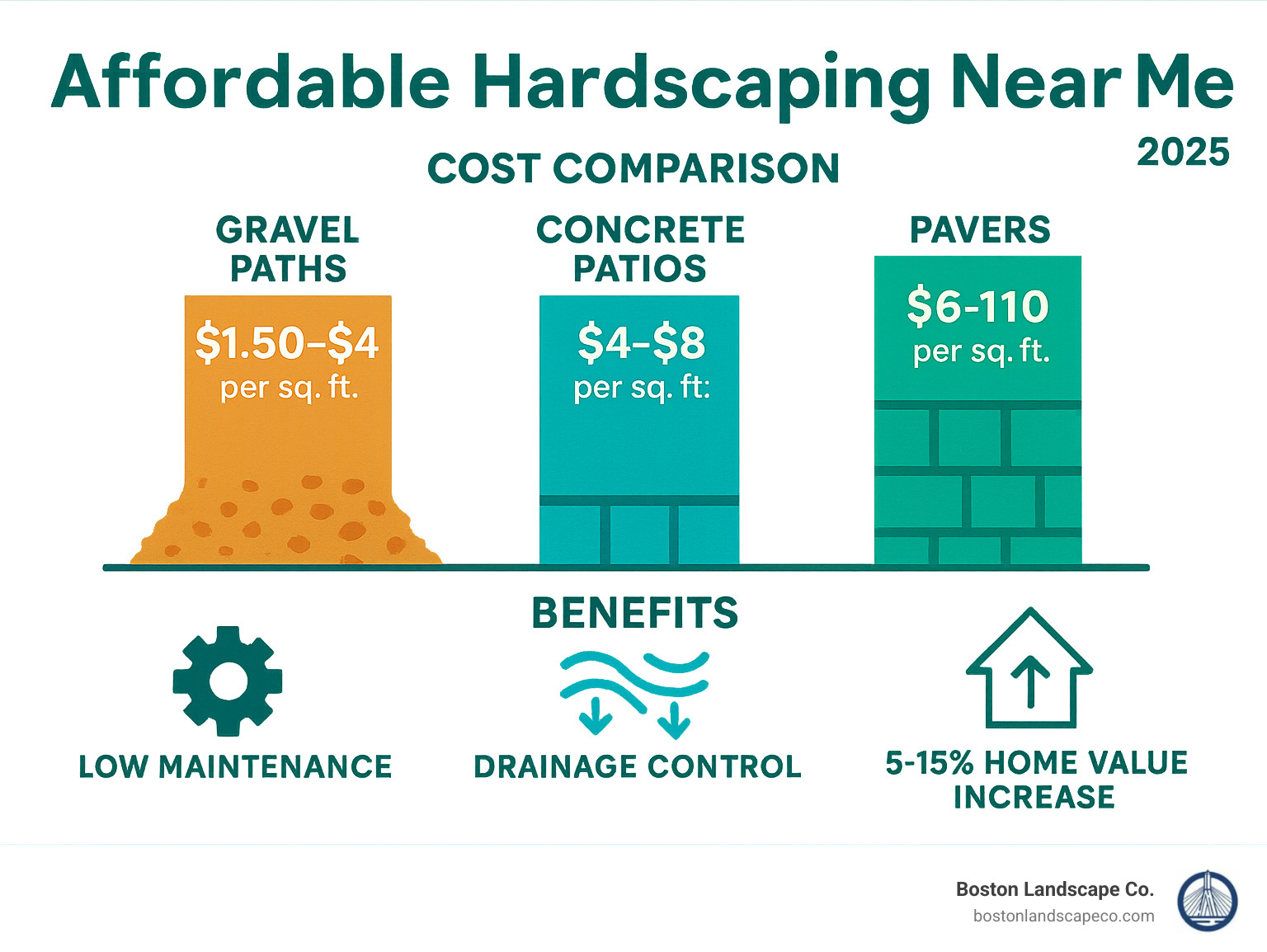 Infographic showing hardscaping cost comparison between gravel paths at $1.50-4 per sq ft, concrete patios at $4-8 per sq ft, pavers at $0.50-10 per sq ft, with benefits including low maintenance, drainage control, and 5-15% home value increase - affordable hardscaping near me infographic