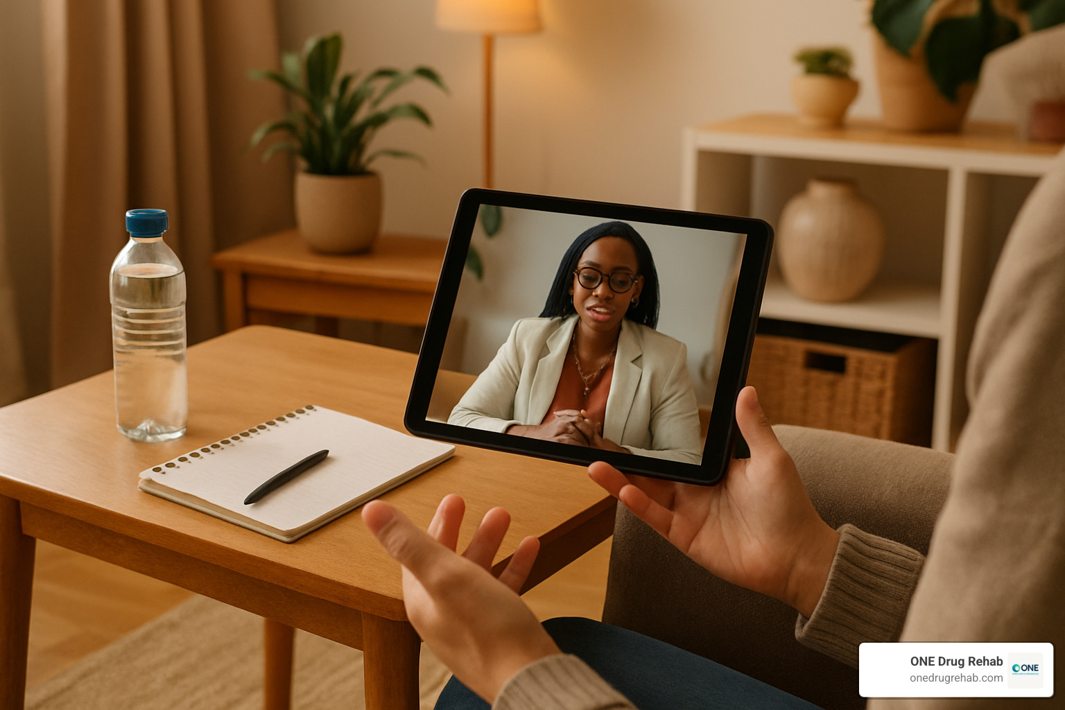 person using telehealth for addiction counseling - types of addiction treatment