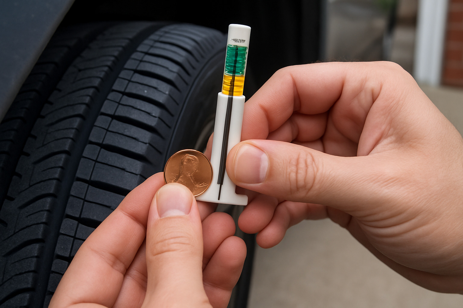 Close-up of hands using a tire tread depth gauge to measure tire wear, with a penny visible for comparison - car maintenance for beginners