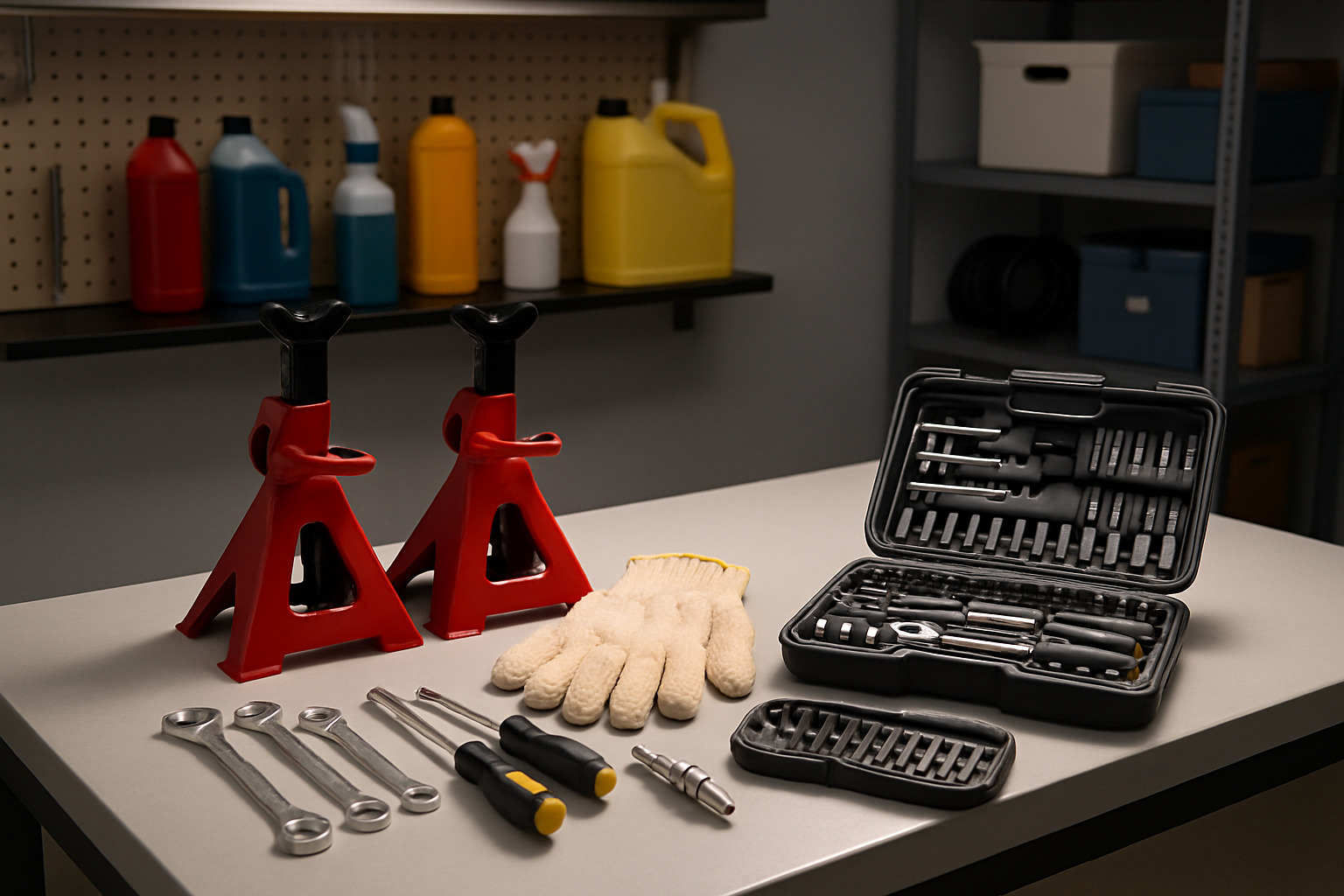 Essential car maintenance tools including jack stands, safety gloves, and basic toolkit laid out on a garage workbench - car maintenance for beginners