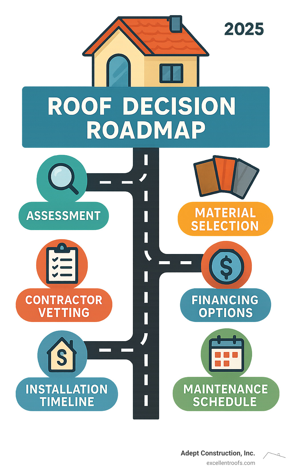 Infographic showing roof decision roadmap with steps including assessment, material selection, contractor vetting, financing options, installation timeline, and maintenance schedule - residential roofing downers grove il infographic
