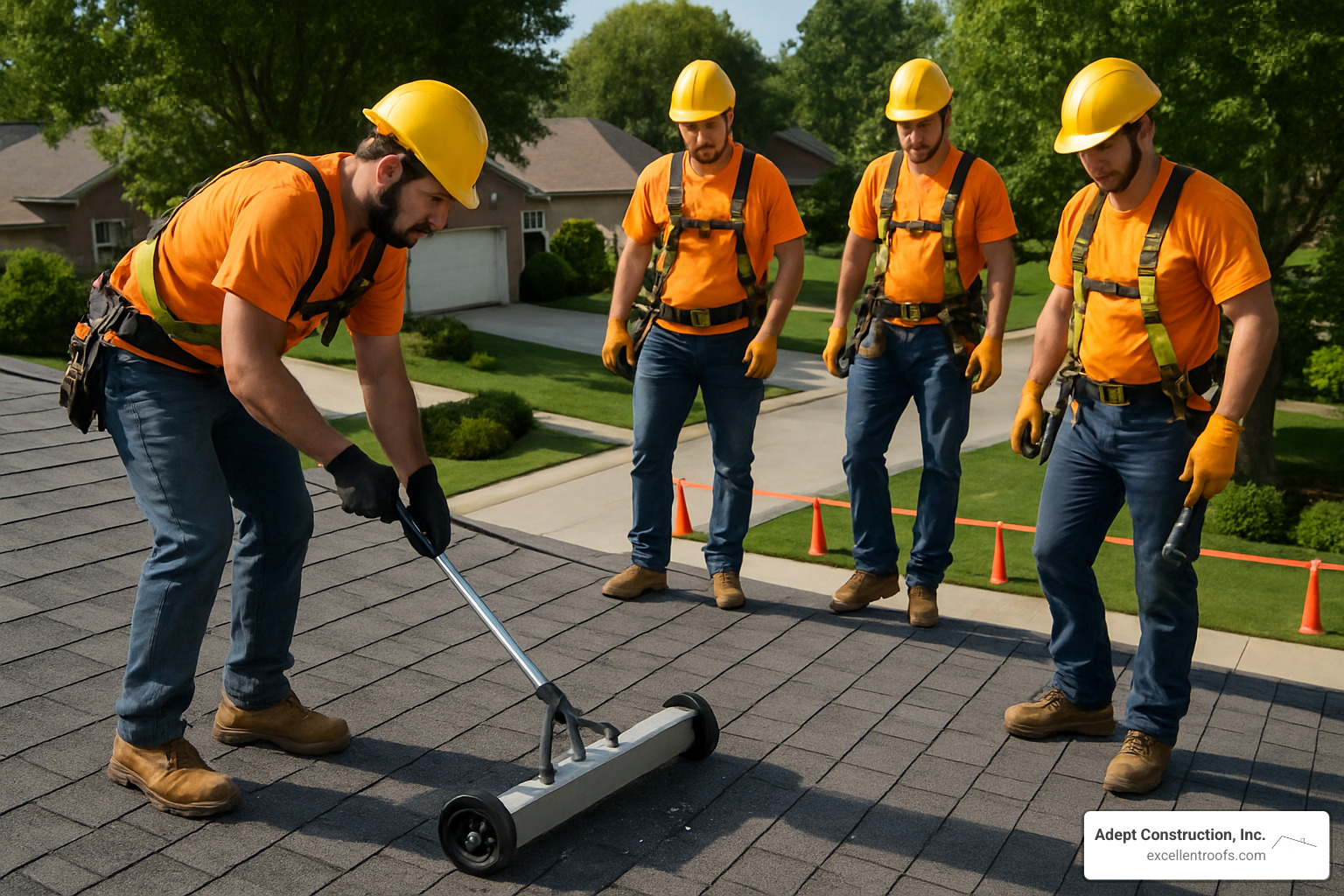 Crew performing final magnet sweep to remove nails and metal debris from residential roofing project - residential roofing downers grove il