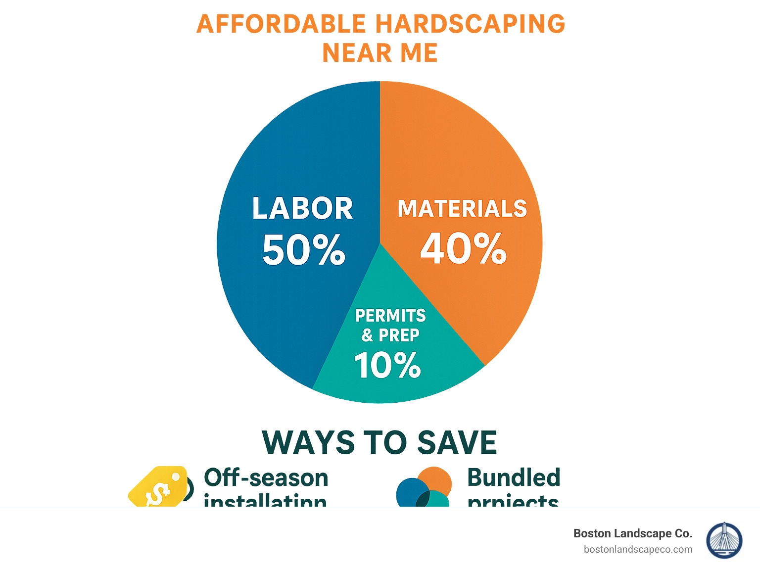 Infographic showing project cost breakdown with materials 40%, labor 50%, permits and prep 10%, plus money-saving tips like off-season installation and bundled projects - affordable hardscaping near me infographic