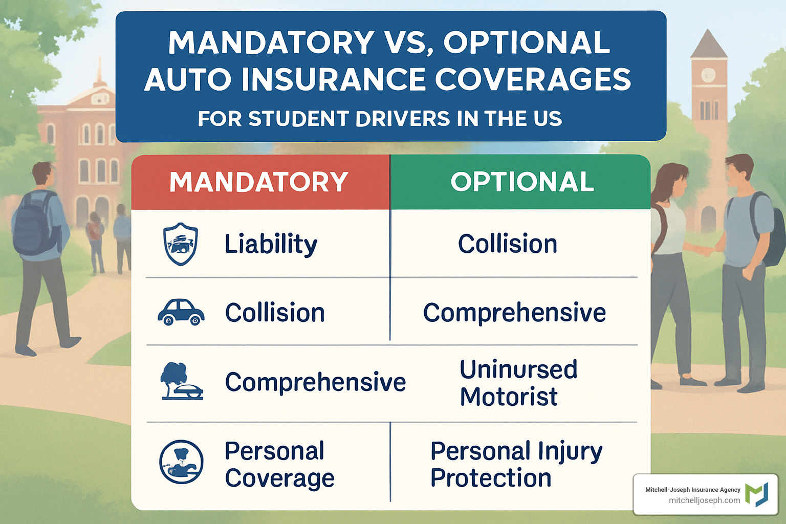 Coverage options comparison chart showing mandatory vs optional coverages for student drivers - auto insurance for students