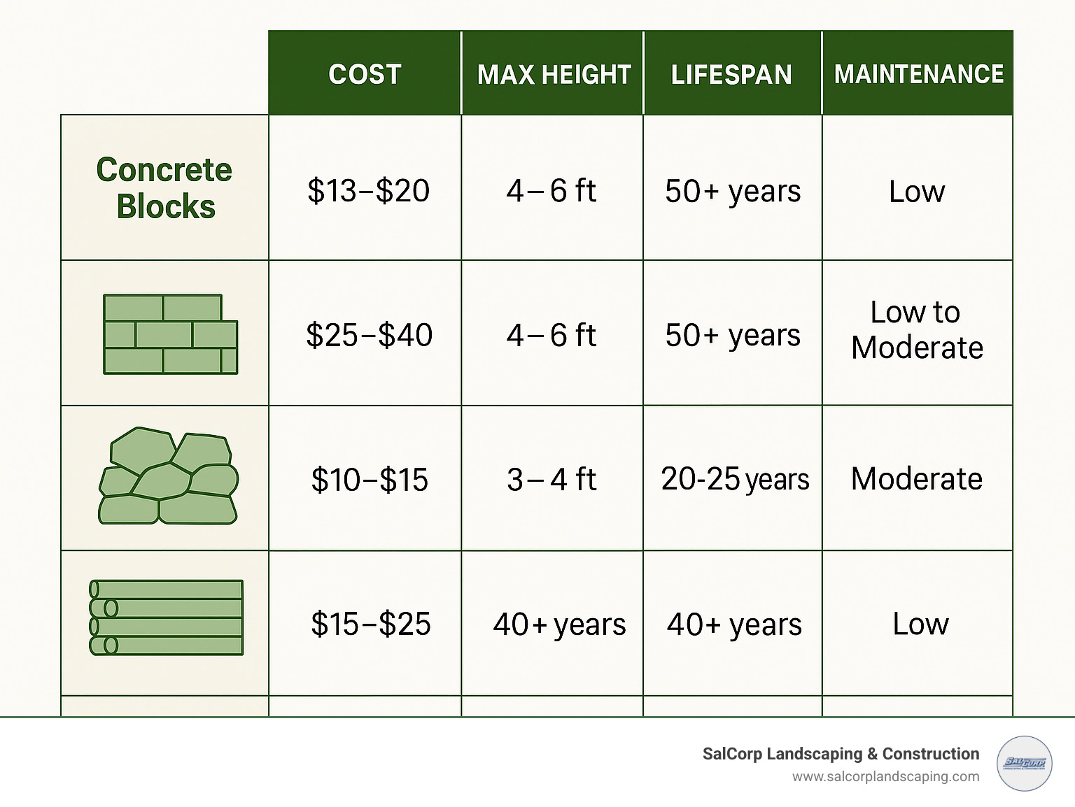 Comprehensive comparison infographic showing different retaining wall materials with cost per square foot ranges, maximum recommended heights, lifespan expectations, and maintenance requirements for concrete blocks, natural stone, timber, and modular systems - retaining wall installation infographic 