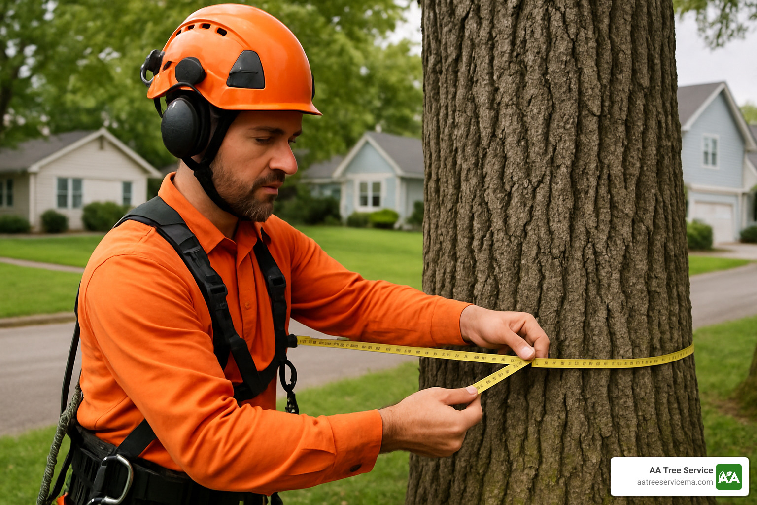 Professional arborist measuring tree diameter and assessing removal complexity for accurate pricing - North Reading Tree Removal