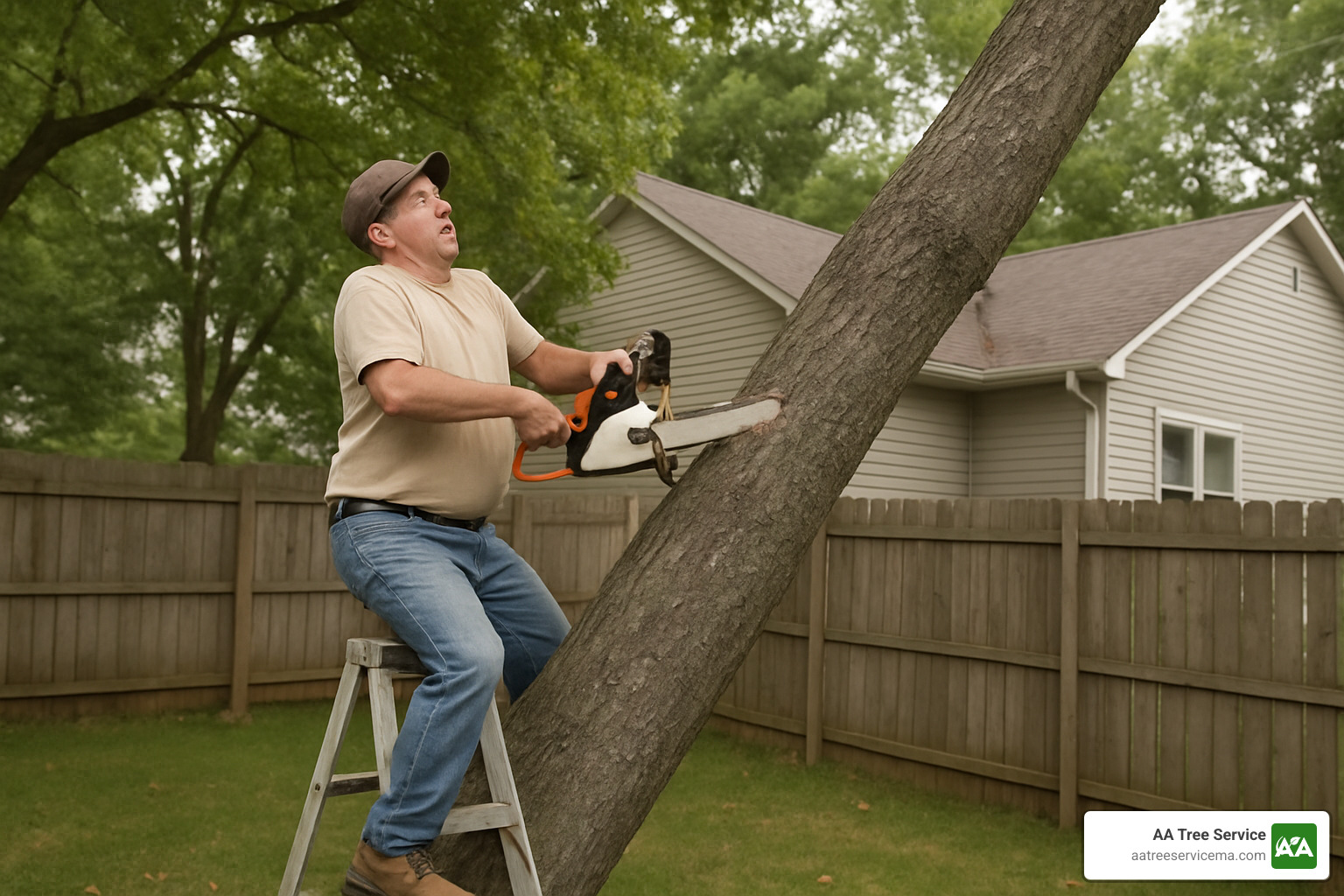 Homeowner attempting dangerous DIY tree removal with inadequate equipment, highlighting safety risks and potential for injury - North Reading Tree Removal