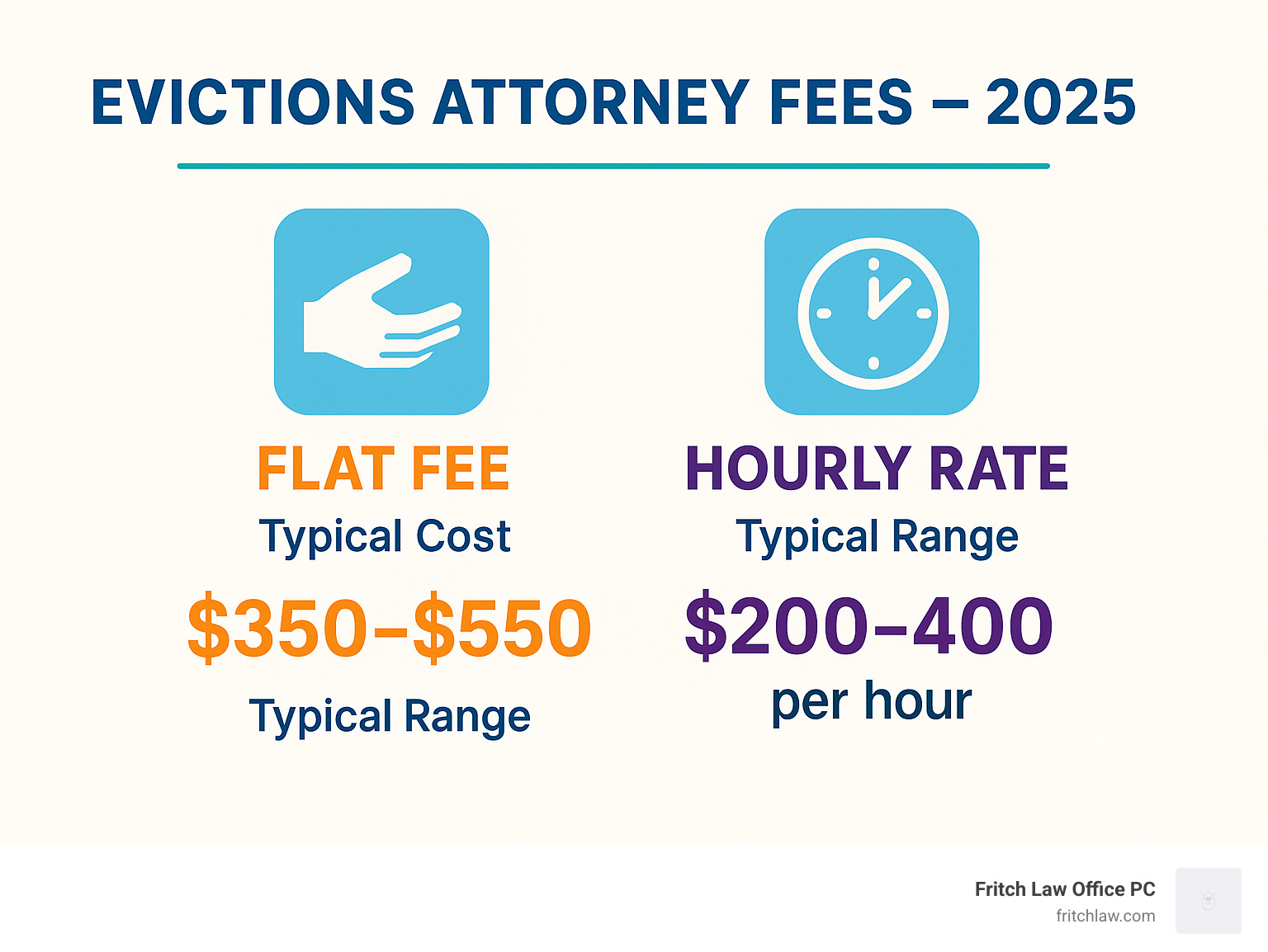 Infographic comparing different attorney fee structures for eviction cases, showing flat fee vs hourly rates with typical cost ranges - evictions lawyer near me infographic