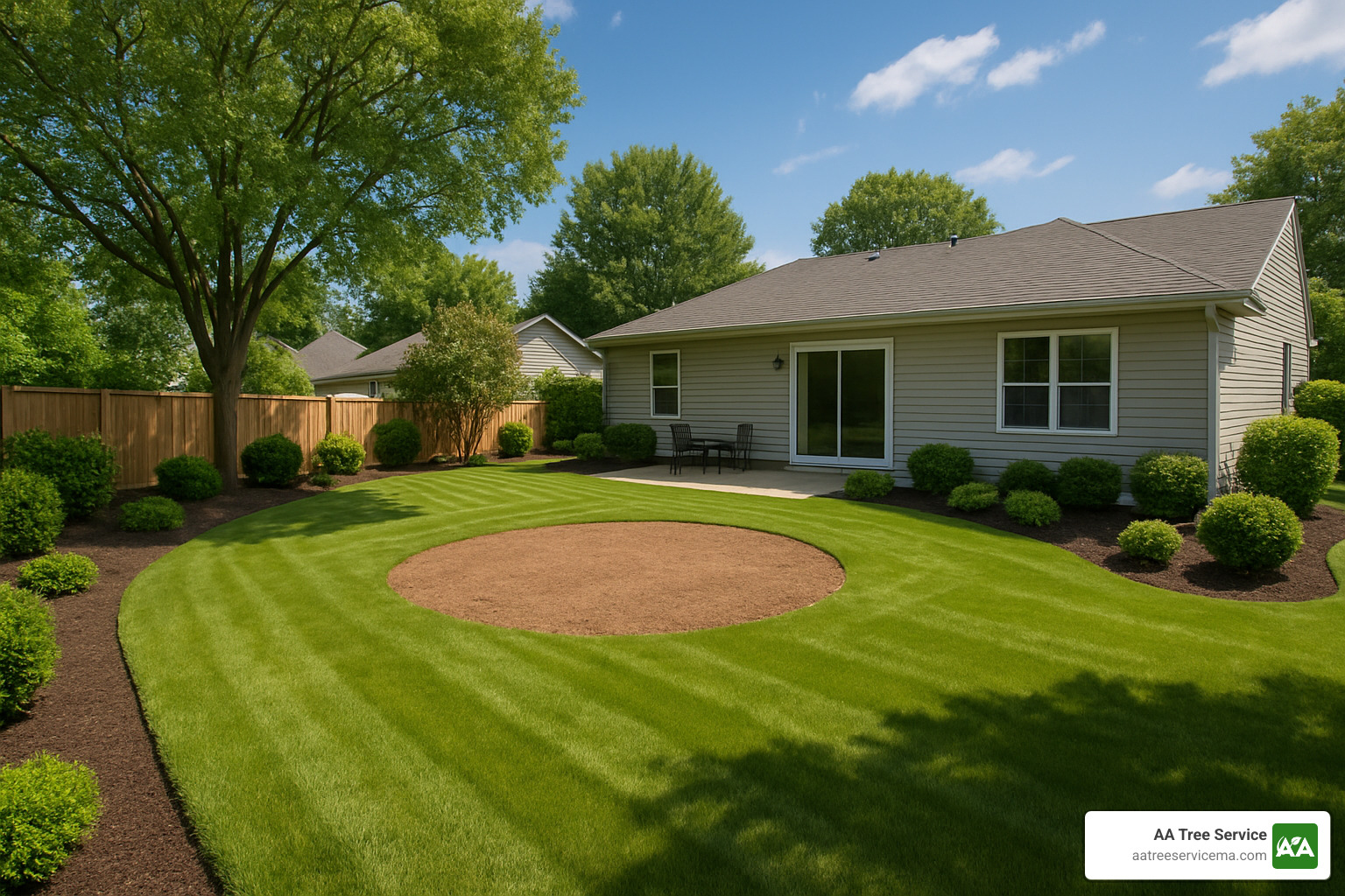 Beautiful landscape after professional tree removal, showing clean, safe property ready for new plantings and improved outdoor living - North Reading Tree Removal