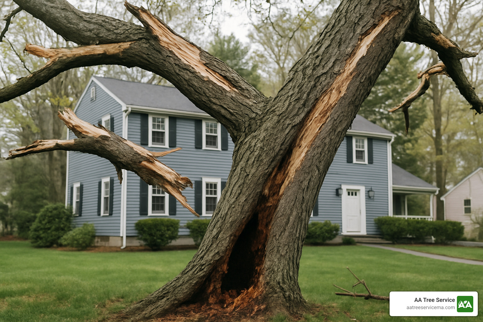 Tree showing warning signs of disease, storm damage, and structural instability requiring removal - North Reading Tree Removal