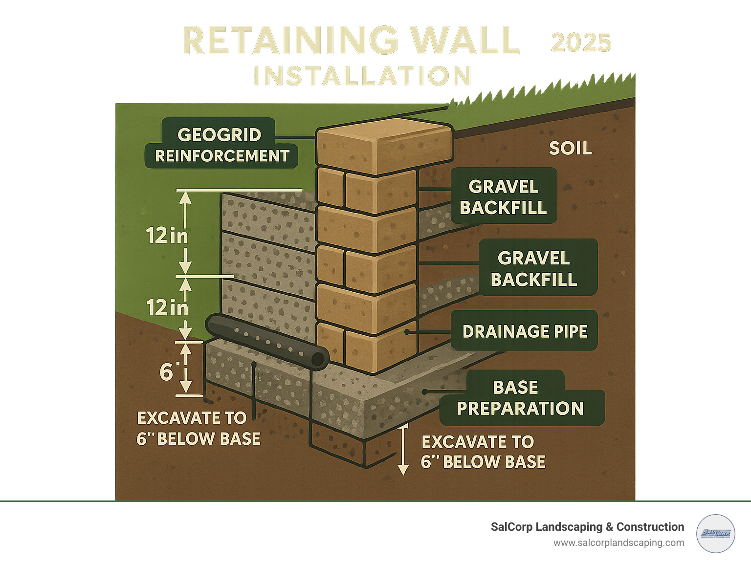 Detailed infographic showing retaining wall installation process including excavation depth requirements, drainage pipe placement, gravel backfill layers, geogrid reinforcement placement, and proper base preparation with measurements and material specifications - retaining wall installation infographic 