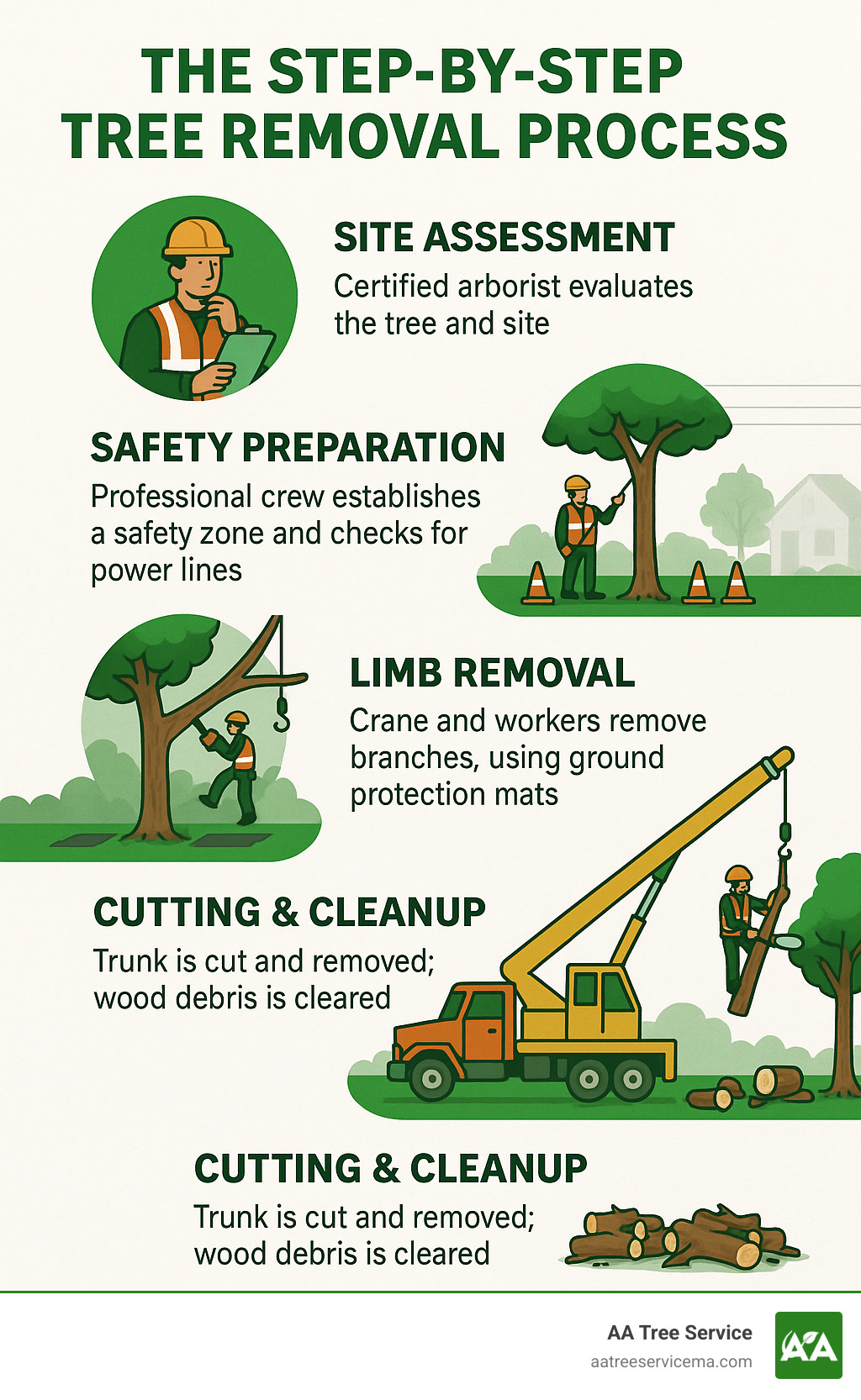 Detailed infographic showing crane-assisted tree removal process from initial assessment through final cleanup, including safety protocols and equipment used - North Reading Tree Removal infographic