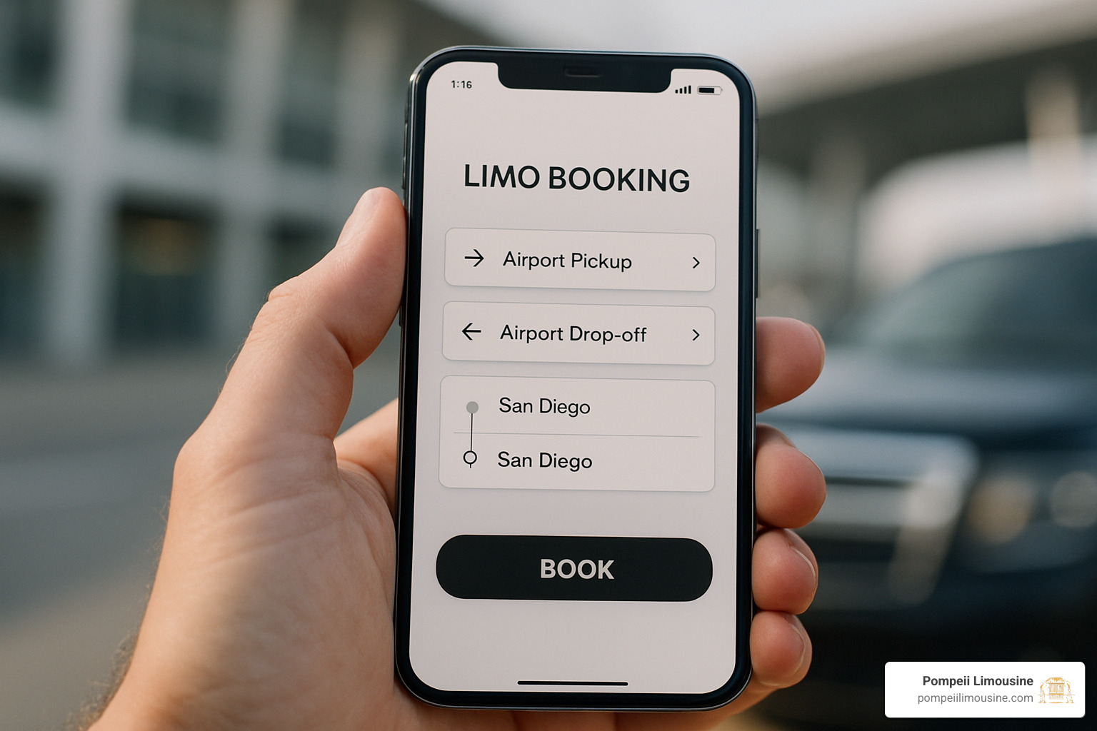 smartphone showing limo booking interface - san diego airport limo