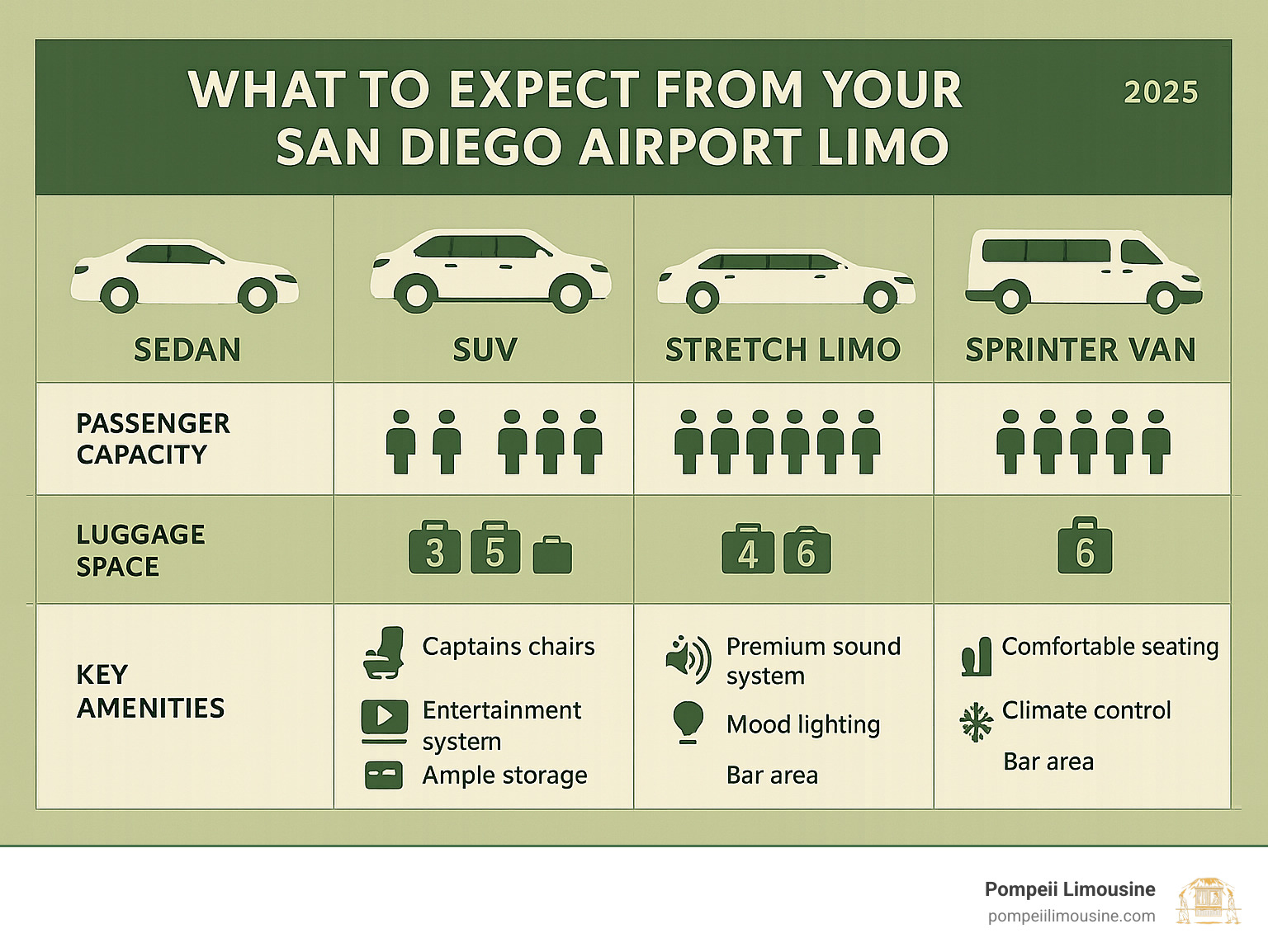 Infographic comparing vehicle types, passenger capacity, luggage space, and key amenities across sedan, SUV, stretch limo, and sprinter van categories - san diego airport limo infographic 