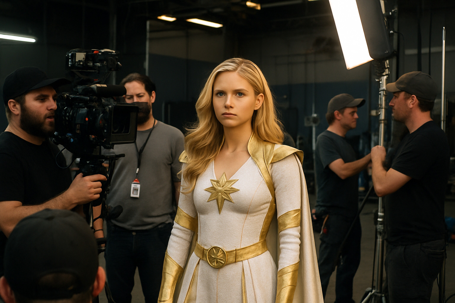 Behind-the-scenes photo of Erin Moriarty in her Starlight superhero costume during filming of The Boys - erin moriarty