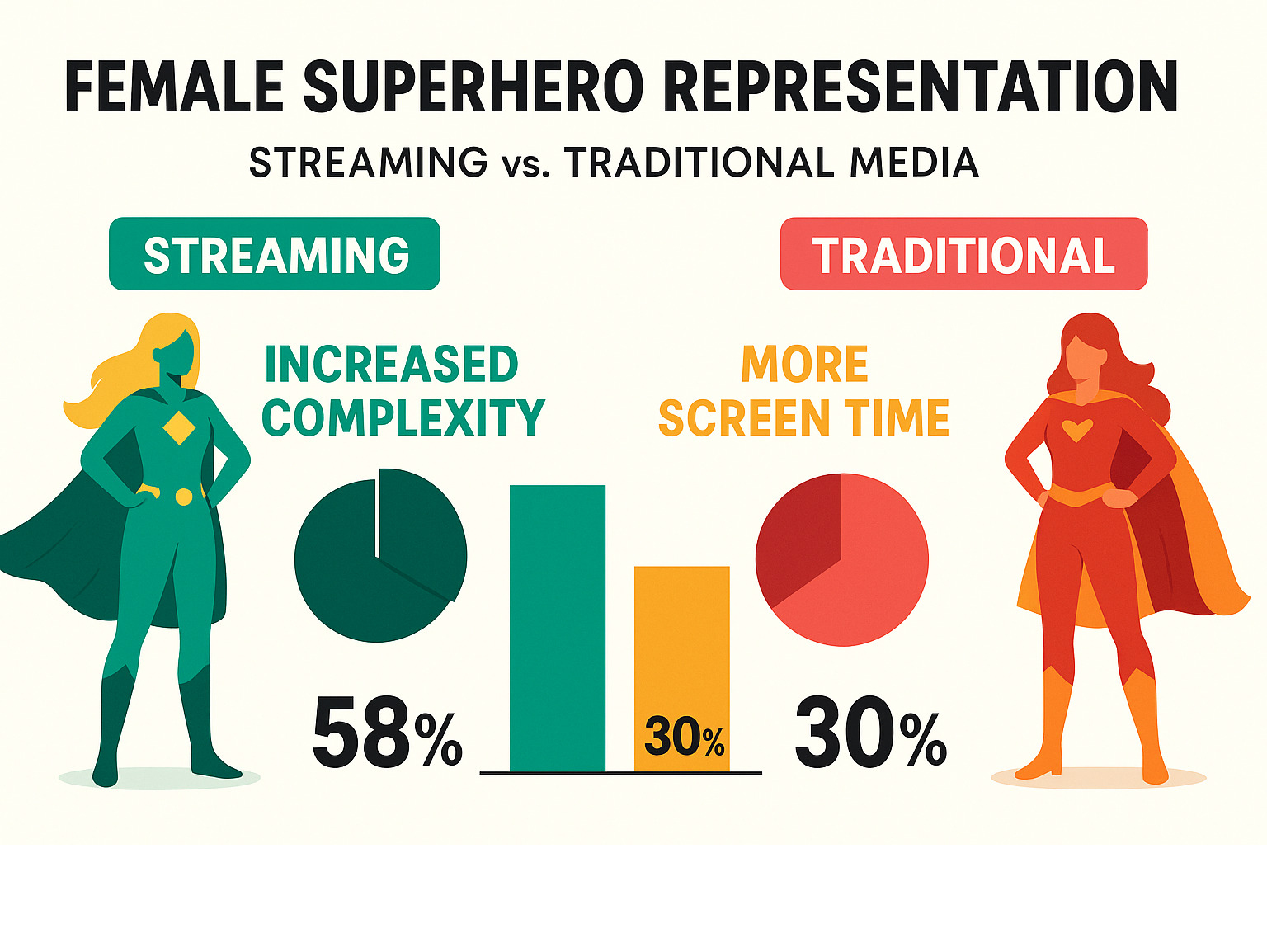 Statistical breakdown of female superhero representation in streaming vs. traditional media, showing increased complexity and screen time - erin moriarty infographic