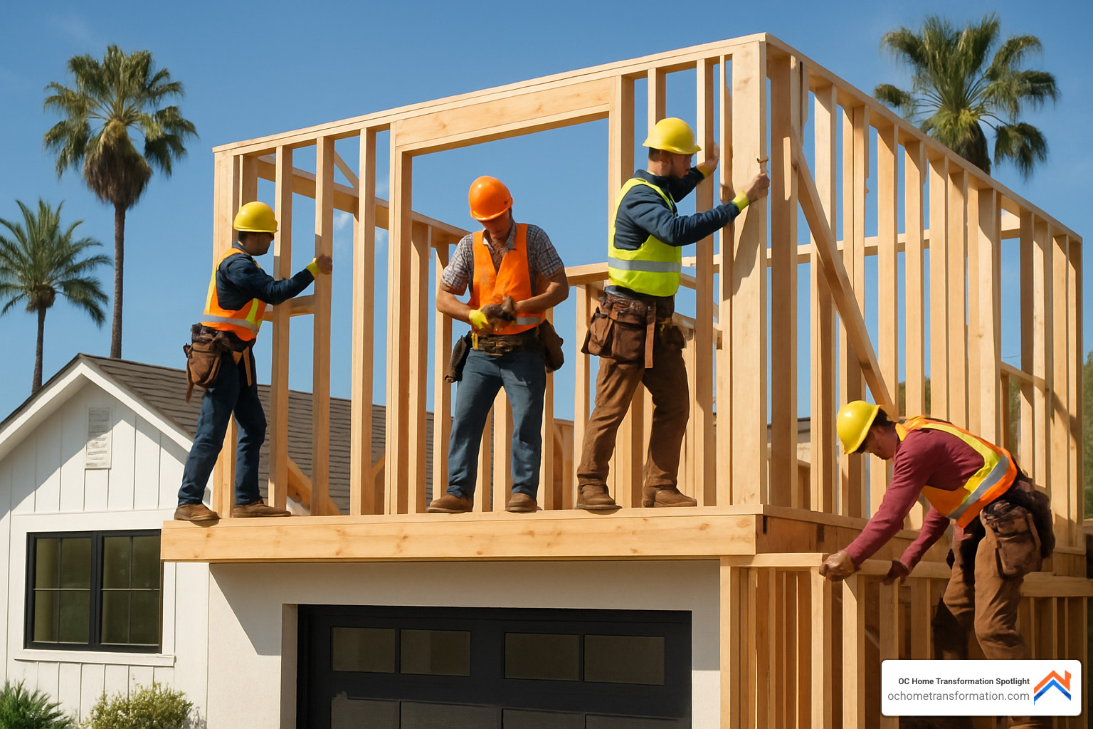Professional construction crew framing second-story addition - home expansion contractors