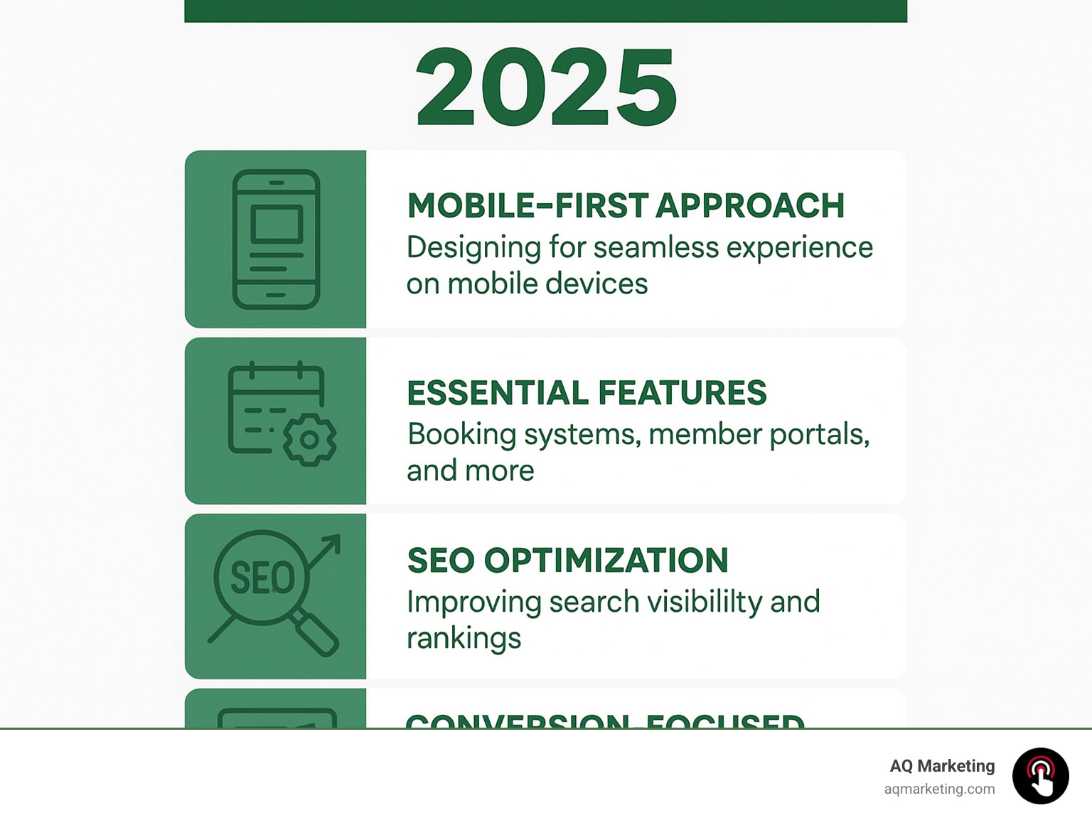 Comprehensive fitness center website design strategy infographic showing mobile-first approach, essential features including booking systems and member portals, SEO optimization elements, and conversion-focused design elements that drive membership growth - Web Design for Fitness Centers infographic 