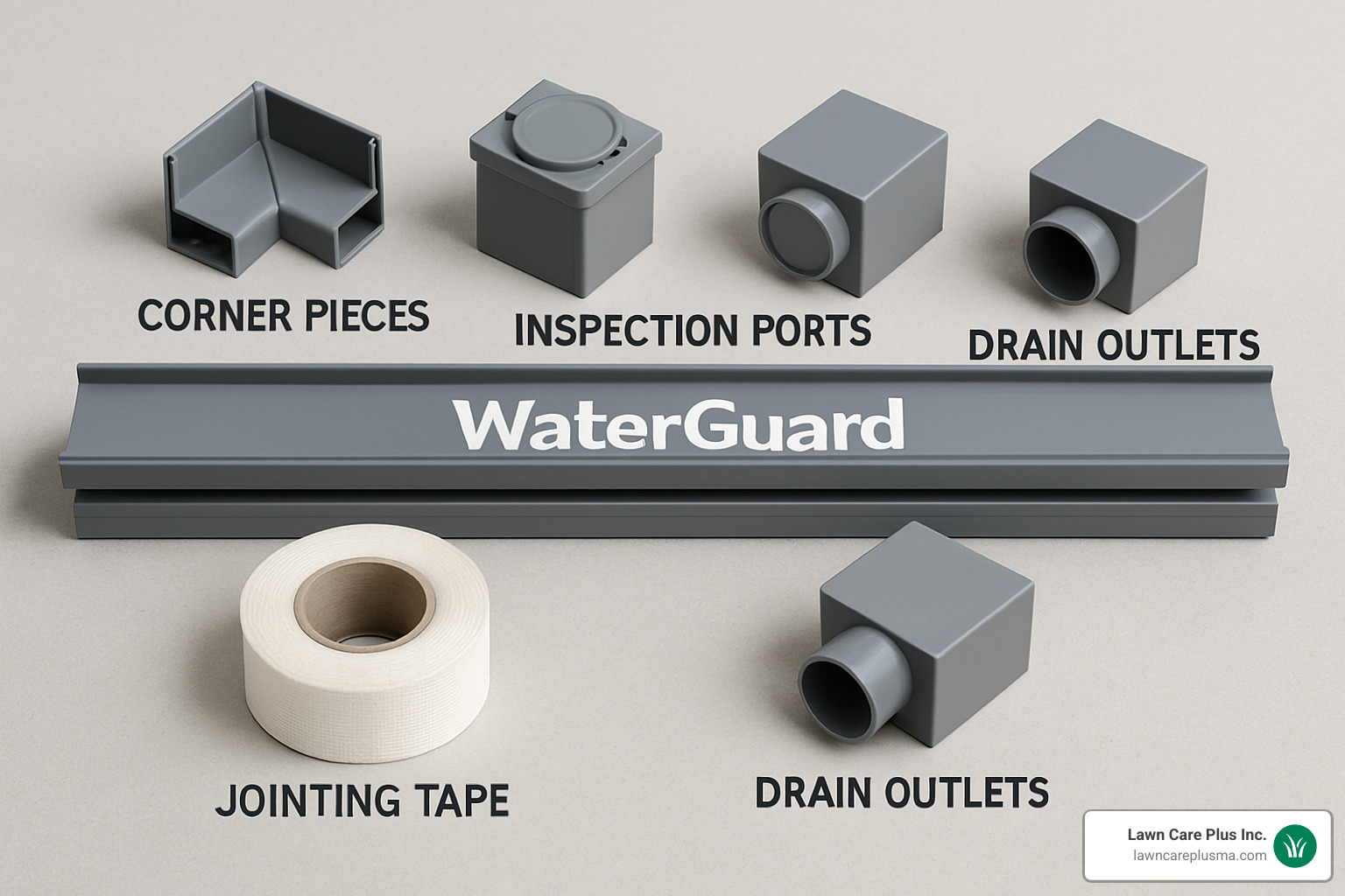 Waterguard accessory kit showing corner pieces, inspection ports, drain outlets, and jointing tape - waterguard drainage channel