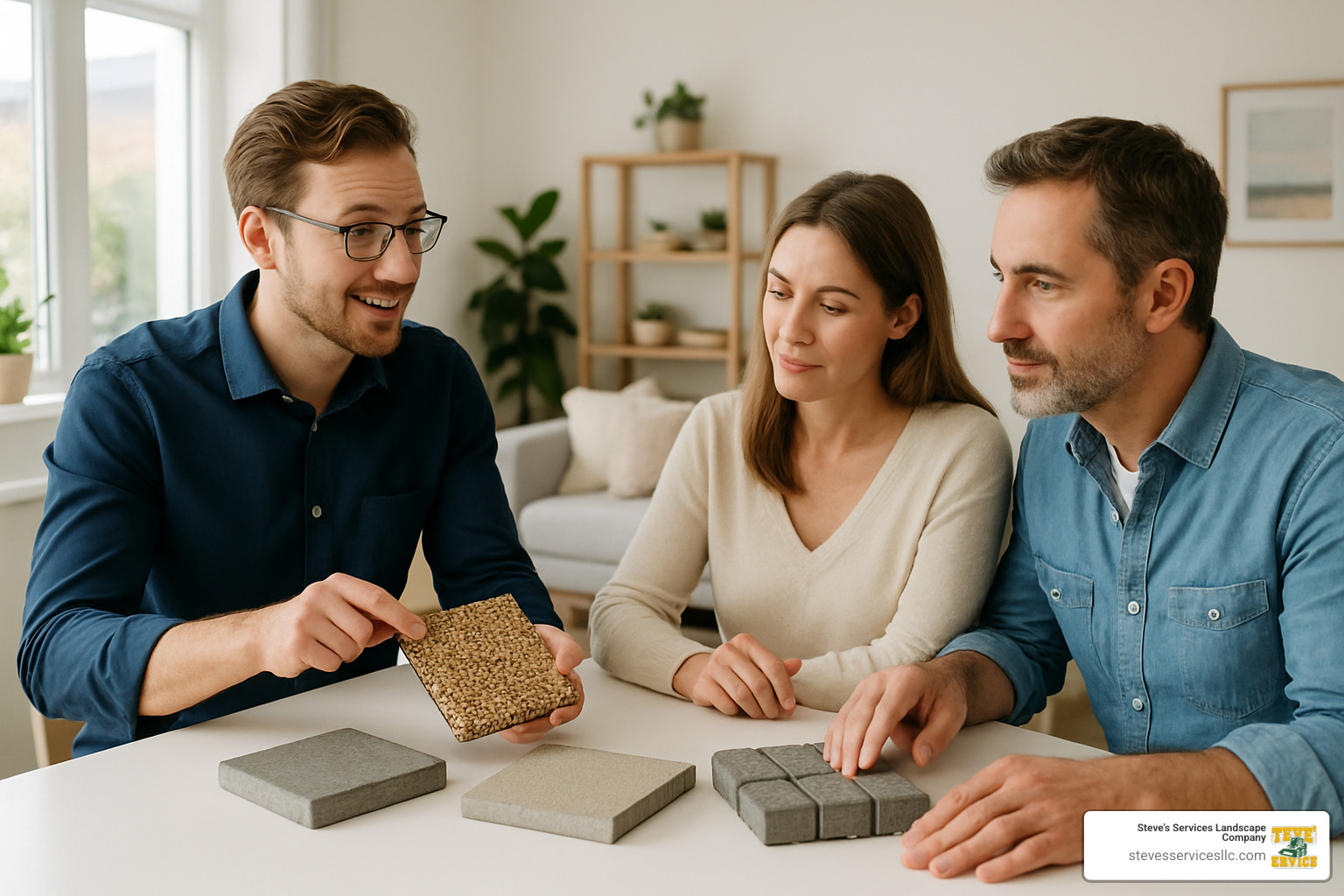 Designer showing material samples to homeowners - Patio Installers