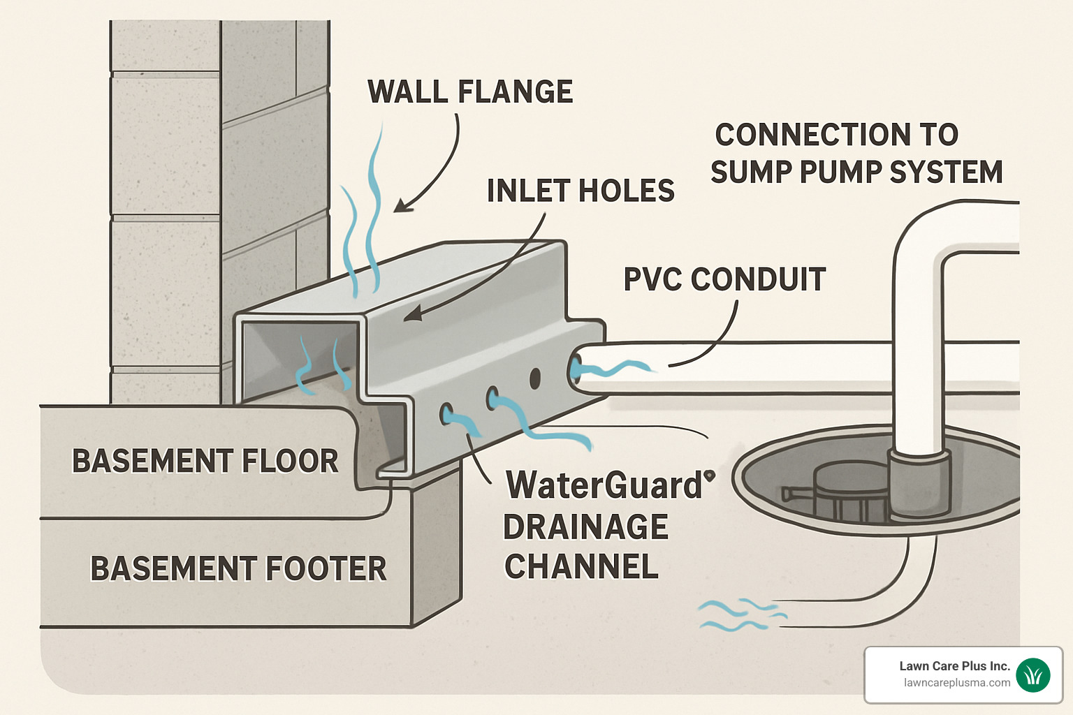 Cross-section diagram showing waterguard drainage channel installation above footer with wall flange collecting seepage - waterguard drainage channel