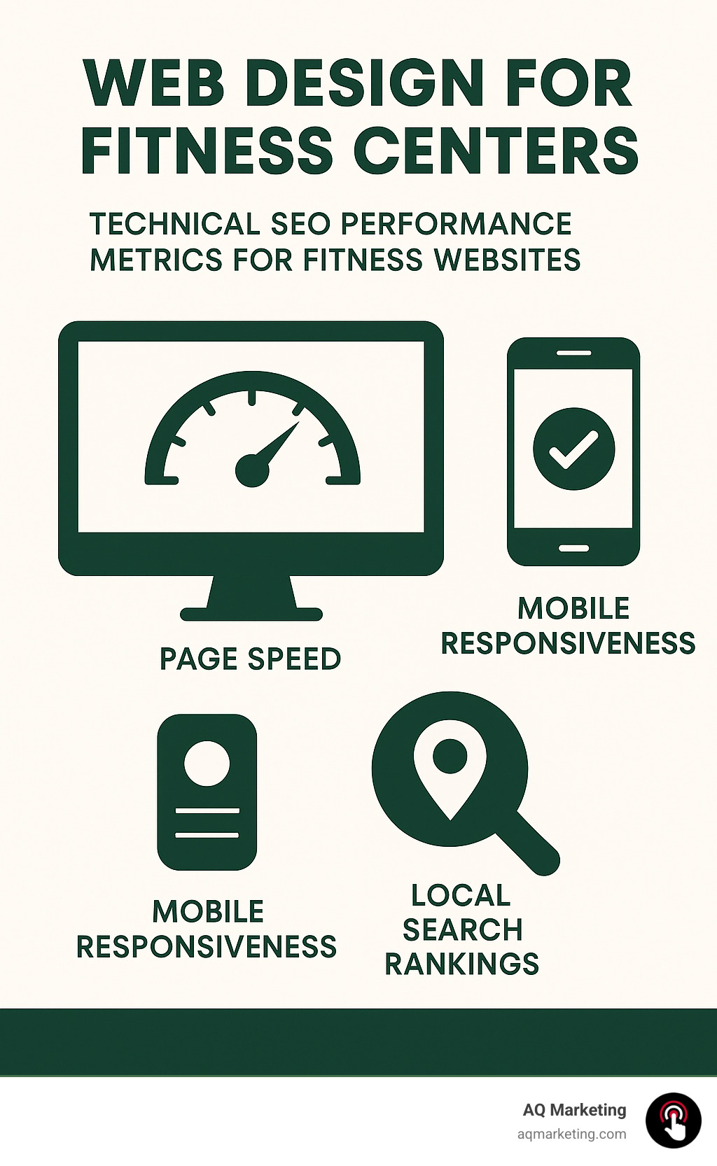 Technical SEO performance metrics for fitness websites showing page speed, mobile responsiveness, and local search rankings - Web Design for Fitness Centers infographic
