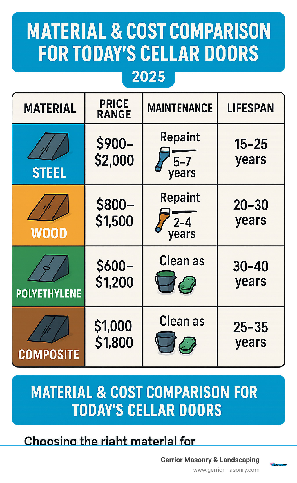 Comprehensive cost comparison infographic showing material types, price ranges, maintenance schedules, and lifespan data for steel, wood, polyethylene, and composite cellar doors - cellar door replacement infographic 