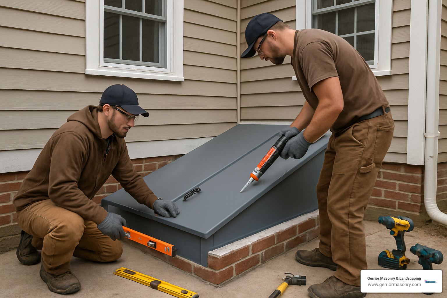 Professional cellar door installation showing proper tools, safety equipment, and finished result - cellar door replacement