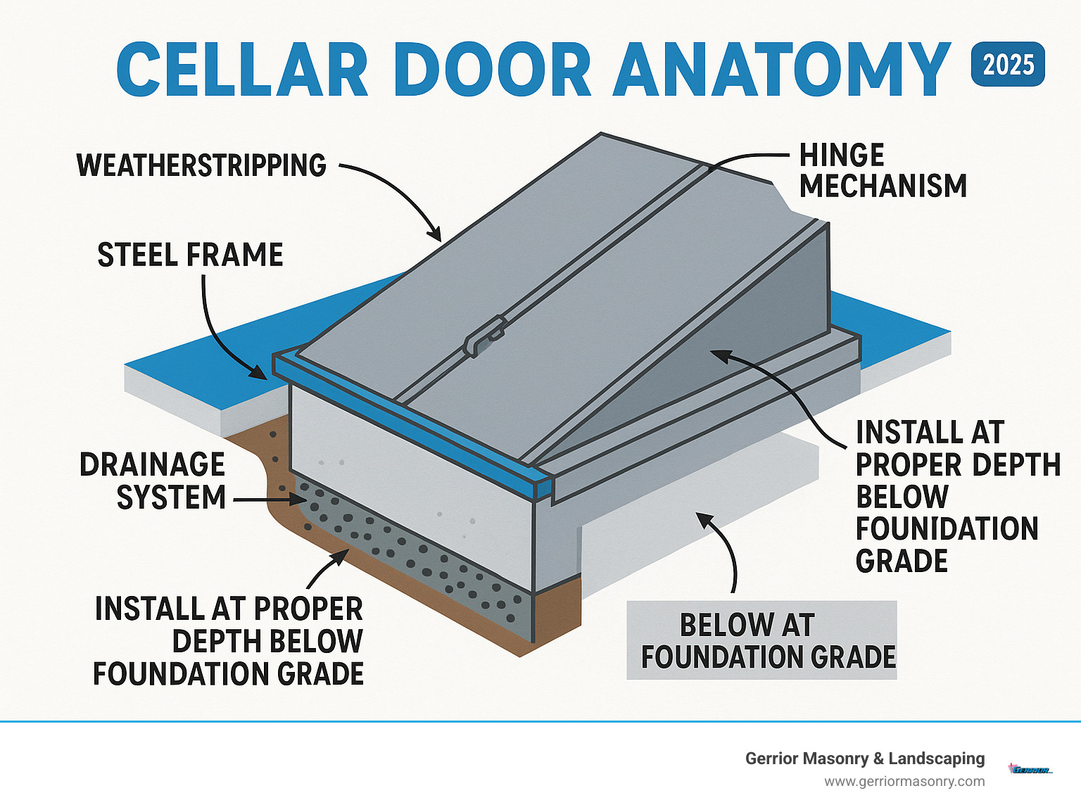 Detailed infographic showing cellar door anatomy including frame components, weatherstripping placement, hinge mechanisms, drainage systems, and proper installation depth relative to foundation grade - cellar door replacement infographic 