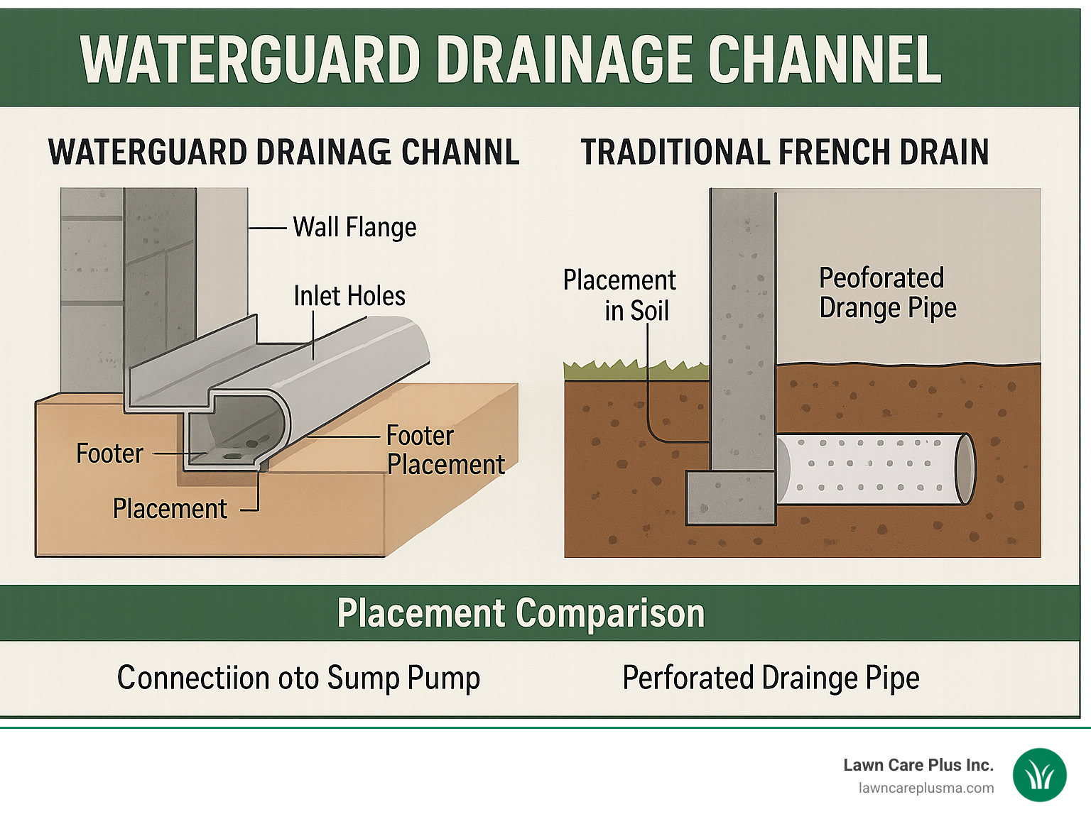 Detailed infographic showing waterguard drainage channel cross-section with labeled components including wall flange, inlet holes, PVC conduit, footer placement, and connection to sump pump system compared to traditional French drain placement in soil - waterguard drainage channel infographic 