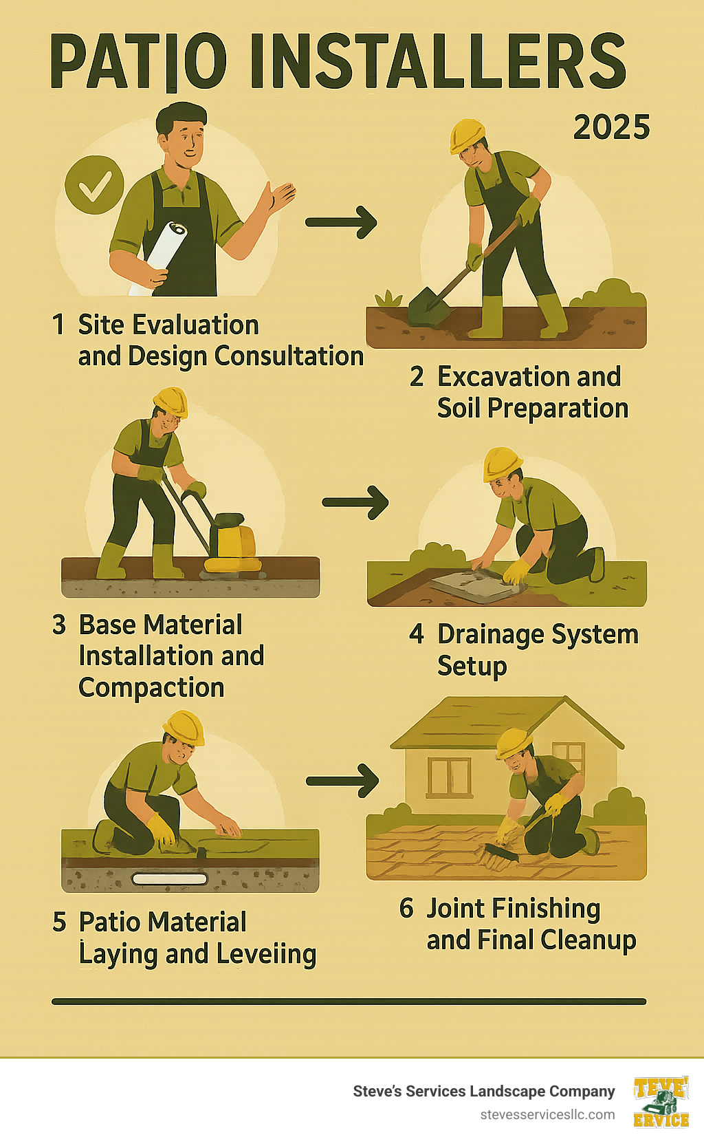 Detailed infographic showing the 6-step patio installation process: 1) Site evaluation and design consultation, 2) Excavation and soil preparation, 3) Base material installation and compaction, 4) Drainage system setup, 5) Patio material laying and leveling, 6) Joint finishing and final cleanup - Patio Installers infographic