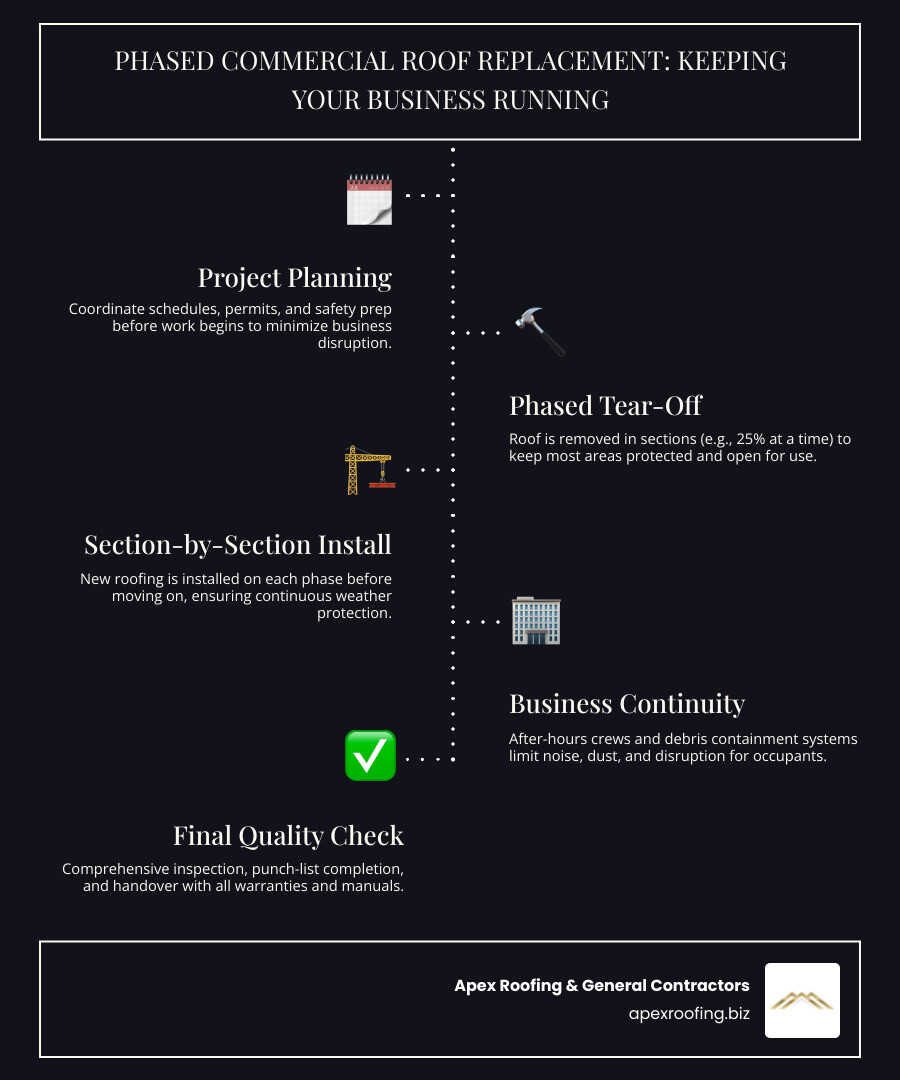 Infographic showing phased commercial roof replacement timeline with business continuity measures: Phase 1 shows 25% of roof area being replaced while 75% remains operational, Phase 2 shows 50% completion with temporary weather protection, Phase 3 shows 75% completion with final quality checks, and Phase 4 shows 100% completion with full building operations restored - Commercial roof replacement San Antonio infographic infographic-line-5-steps-dark