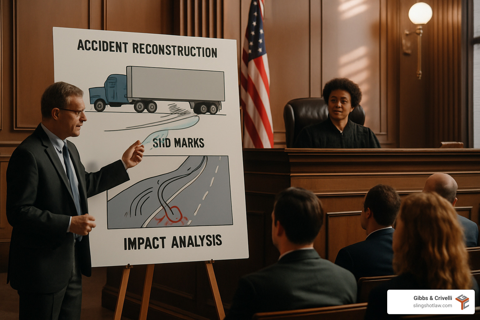 Truck accident reconstruction showing skid marks, impact analysis, and expert testimony presentation in courtroom - austin trucking accident law firm