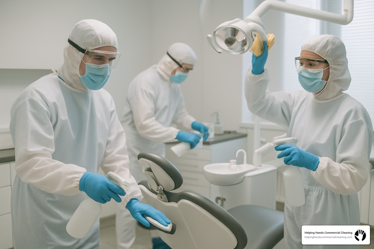 Professional cleaning team implementing dental office cleaning standards with proper PPE and EPA-registered disinfectants in a modern dental operatory - dental office cleaning standards