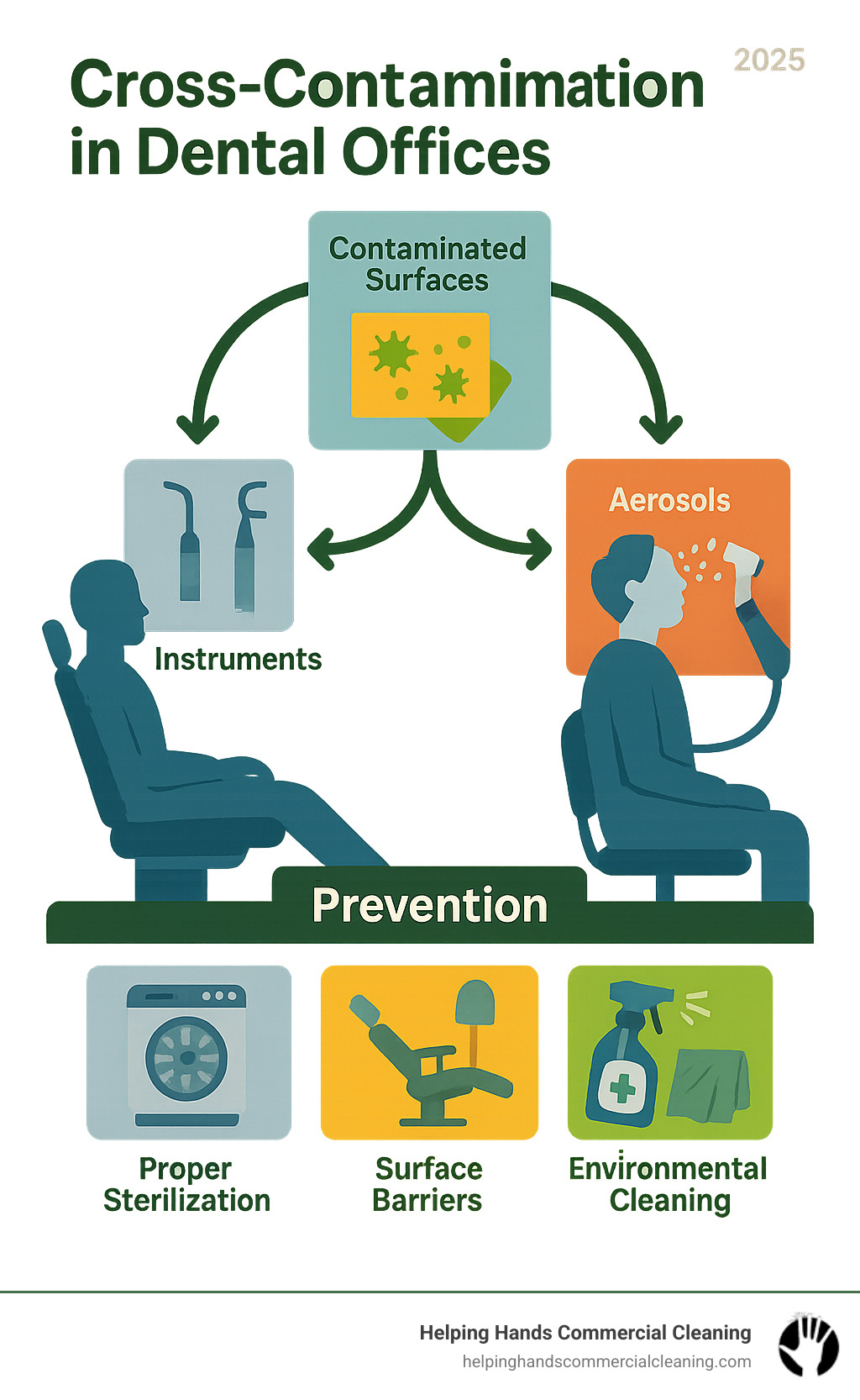 Infographic showing pathways of cross-contamination in dental offices including patient-to-patient transmission through contaminated surfaces, instruments, and aerosols, with prevention methods like proper sterilization, surface barriers, and environmental cleaning protocols - dental office cleaning standards infographic 