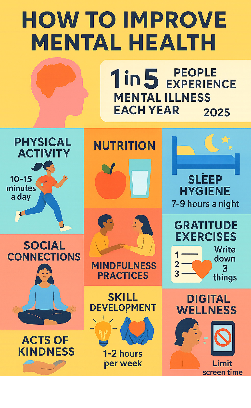 Comprehensive mental health improvement strategies including physical activity, nutrition, sleep hygiene, social connections, mindfulness practices, gratitude exercises, skill development, acts of kindness, coping techniques, and digital wellness habits with supporting statistics and implementation timelines - how to improve mental health infographic 