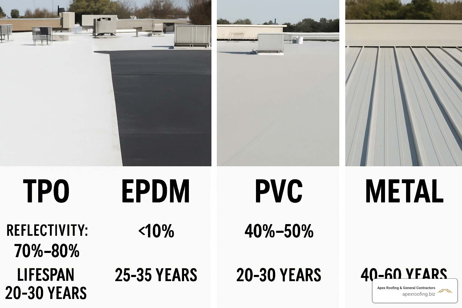 Different commercial roofing membrane types side by side showing TPO, EPDM, PVC, and metal options with their reflectivity ratings and expected lifespans - Commercial roof replacement San Antonio