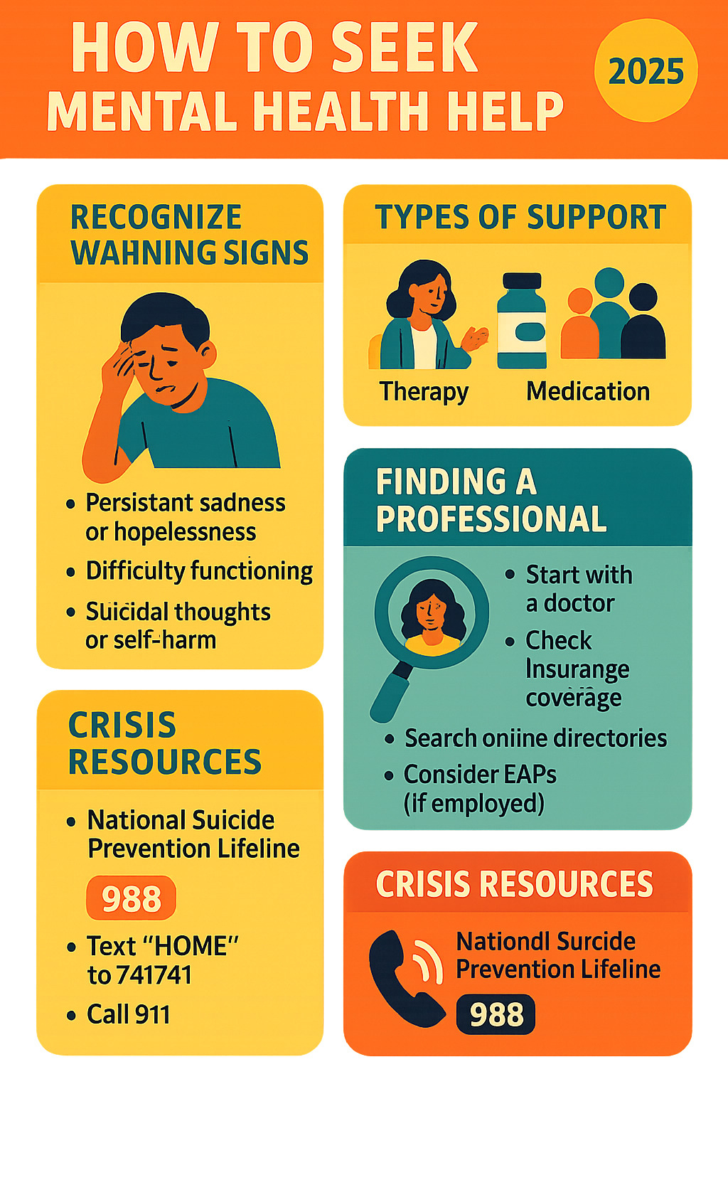 Step-by-step guide for seeking mental health help including warning signs recognition, types of available support, how to find qualified professionals, insurance considerations, and crisis intervention resources with contact information and timeline expectations - how to improve mental health infographic 